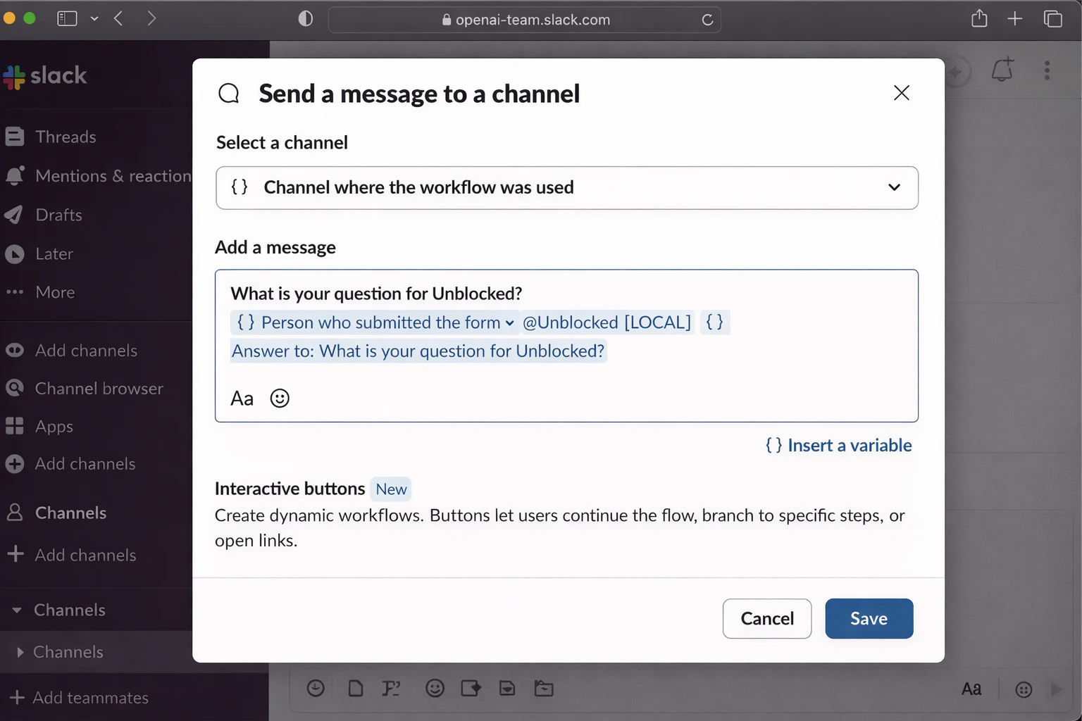 Slack Workflow Message Step