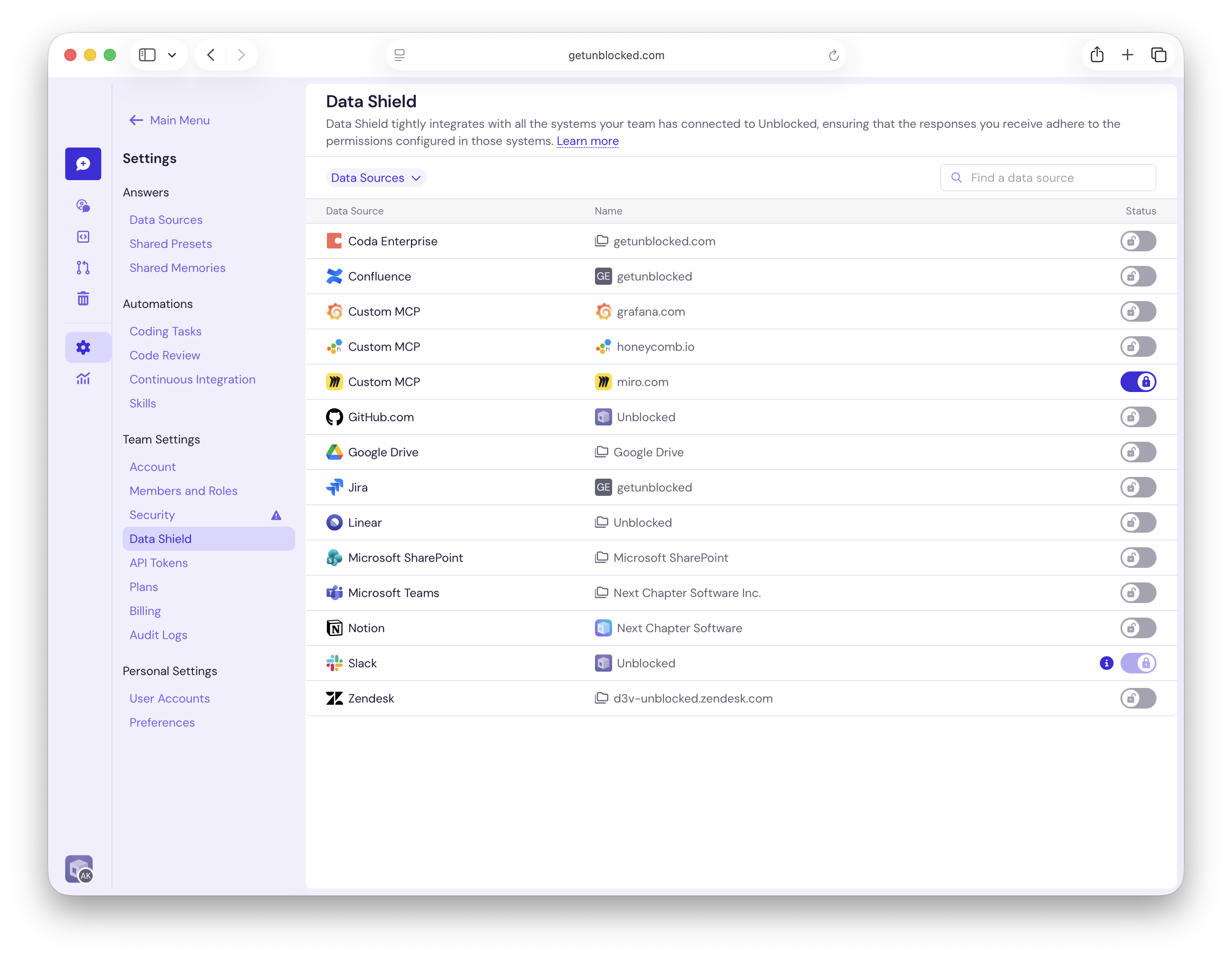 Data Shield settings with the miro.com Custom MCP connection enabled