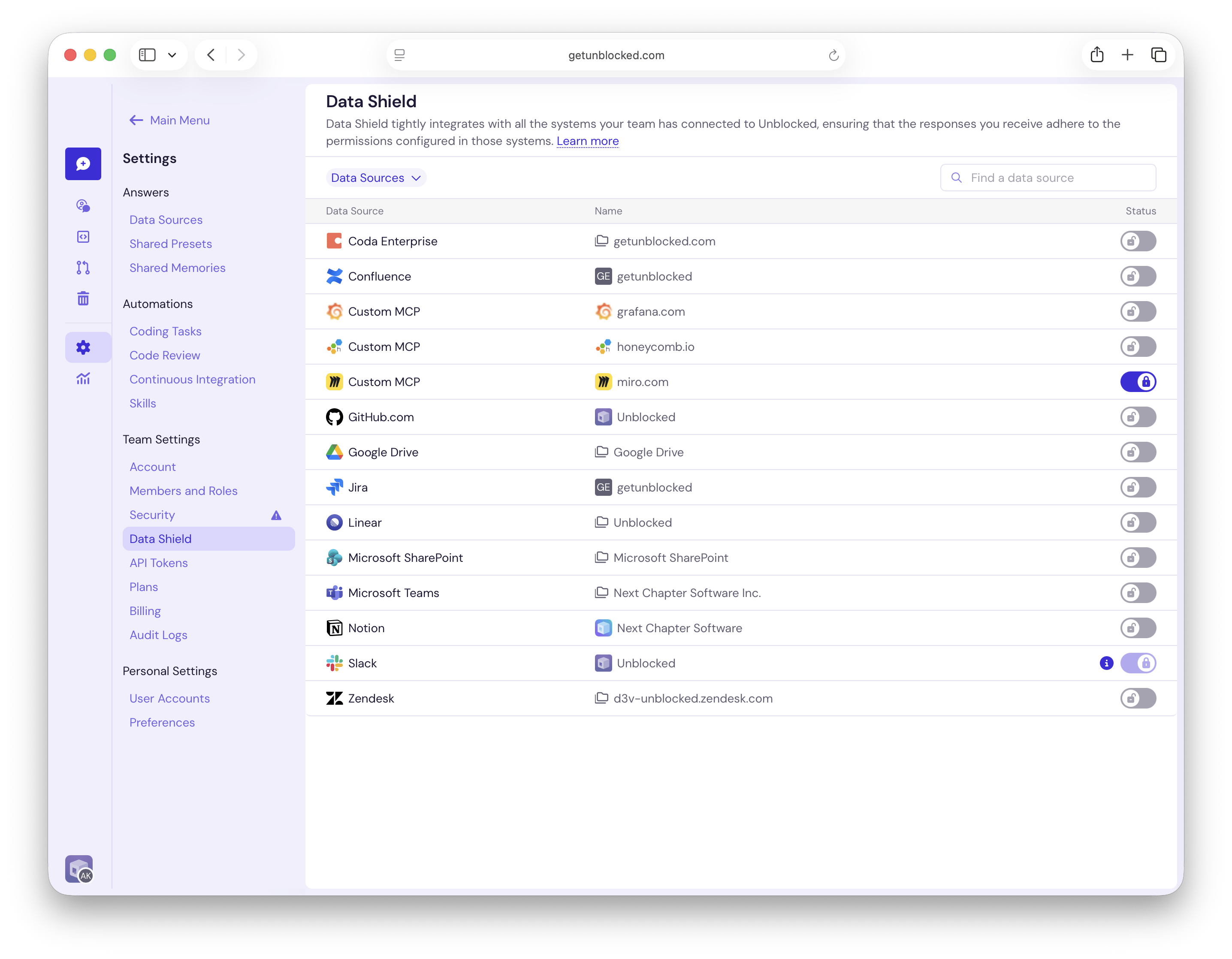 Data Shield settings with the miro.com Custom MCP connection enabled