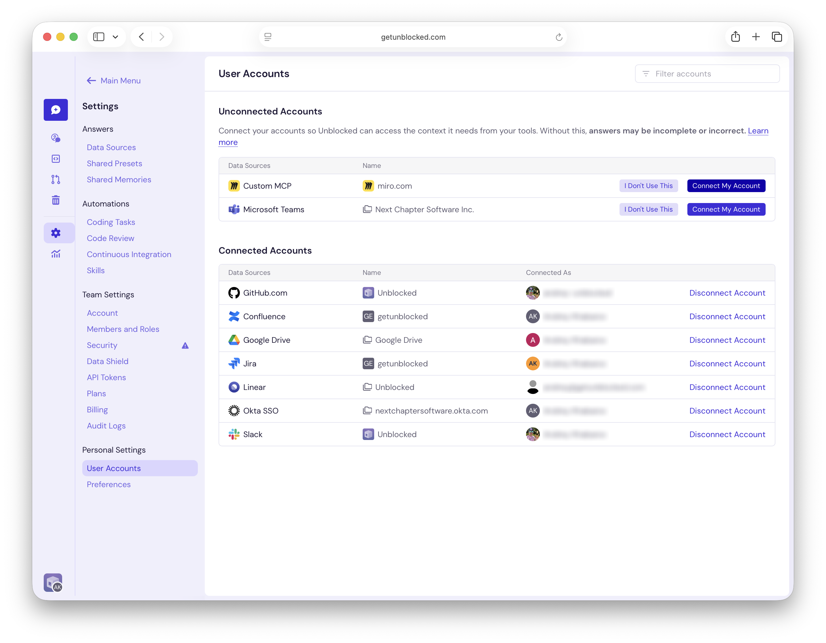 User Accounts showing Connect My Account for the miro.com Custom MCP connection