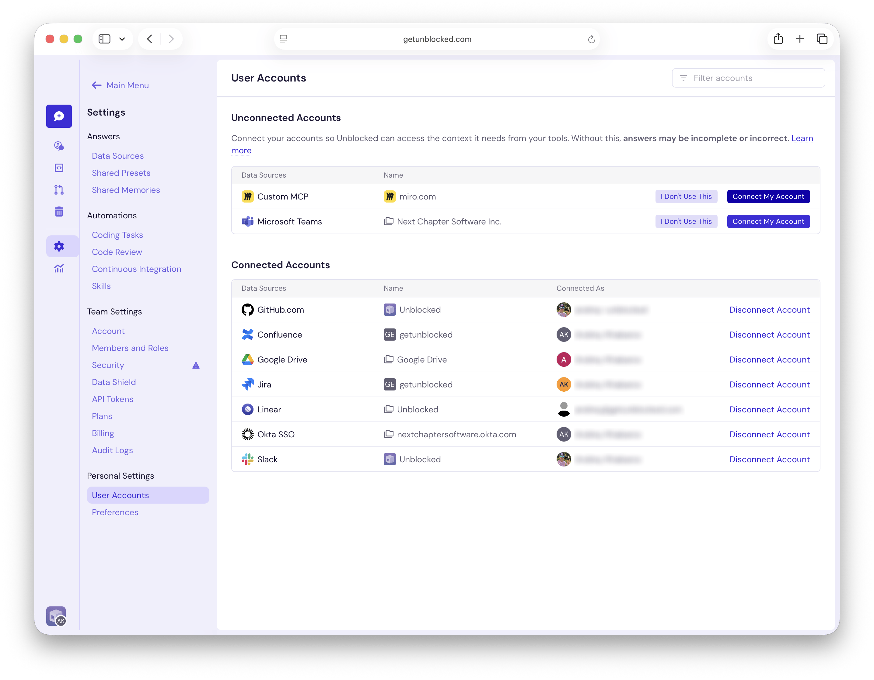 User Accounts showing Connect My Account for the miro.com Custom MCP connection