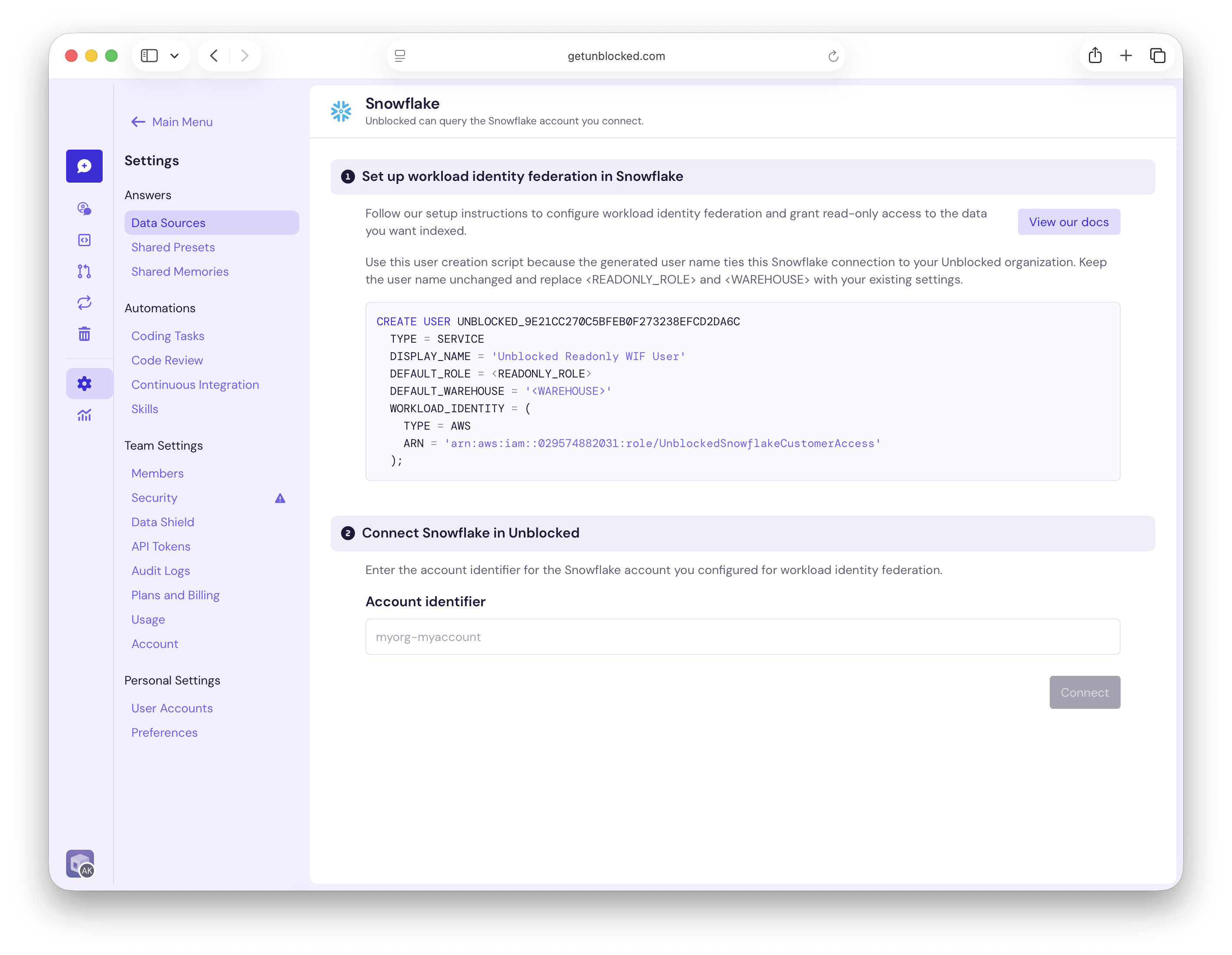 Snowflake setup page with generated user creation SQL and an account identifier field