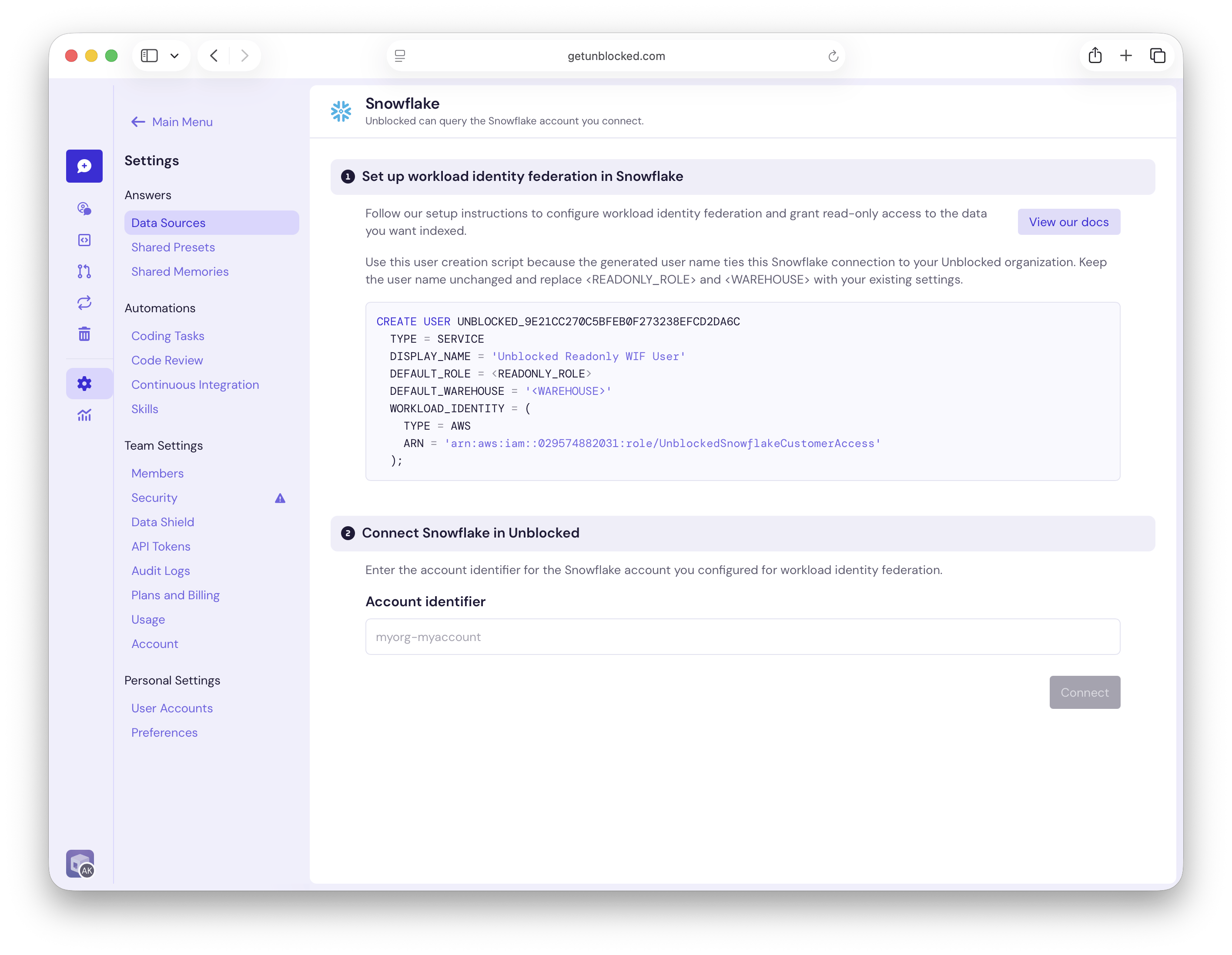 Snowflake setup page with generated user creation SQL and an account identifier field