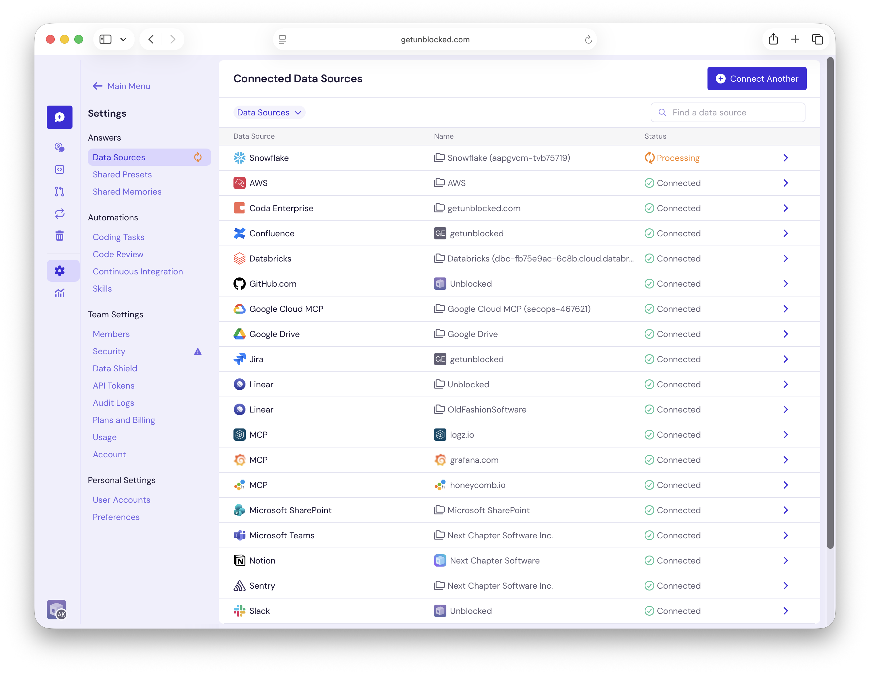 Connected Data Sources page showing Snowflake with Processing status