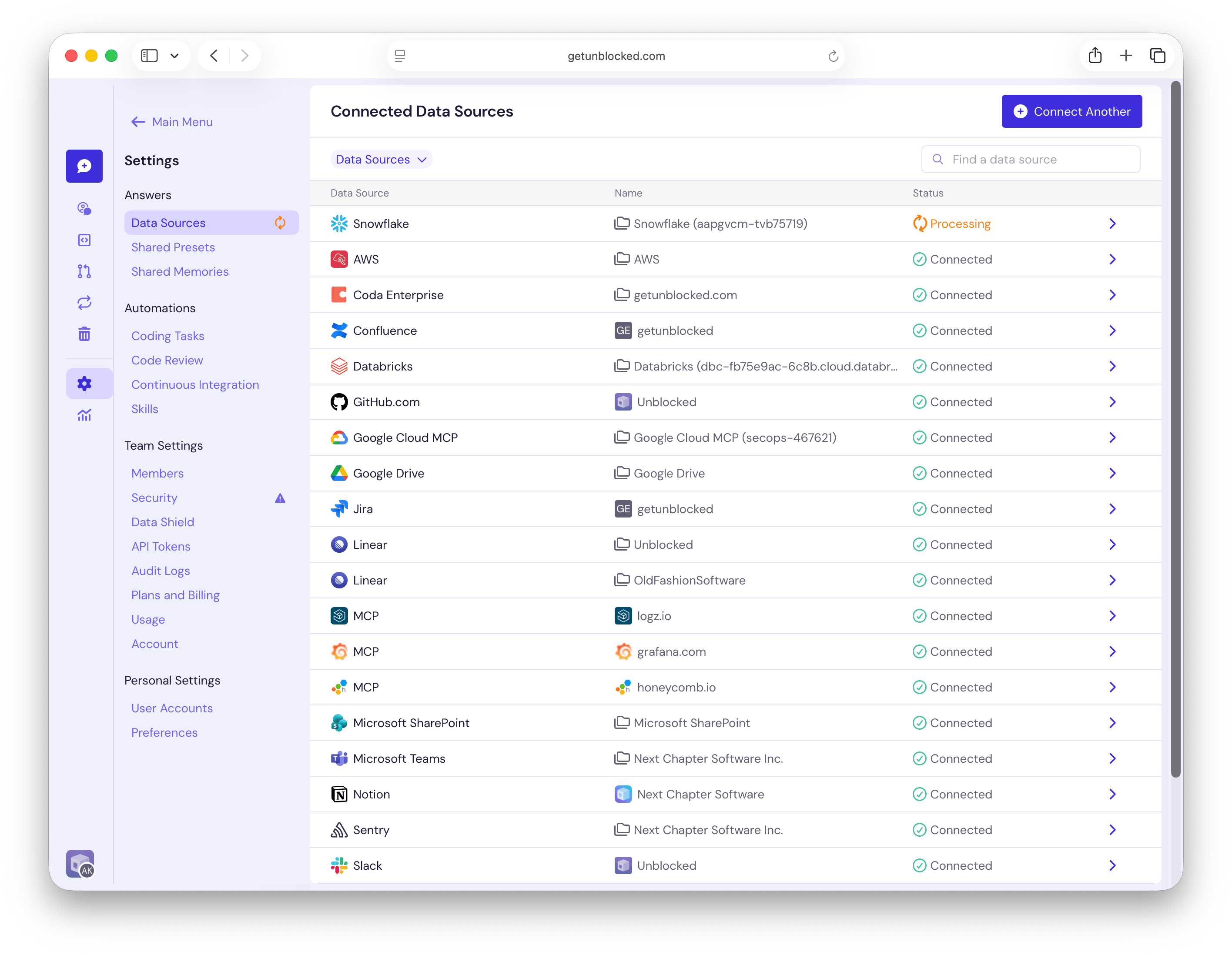 Connected Data Sources page showing Snowflake with Processing status