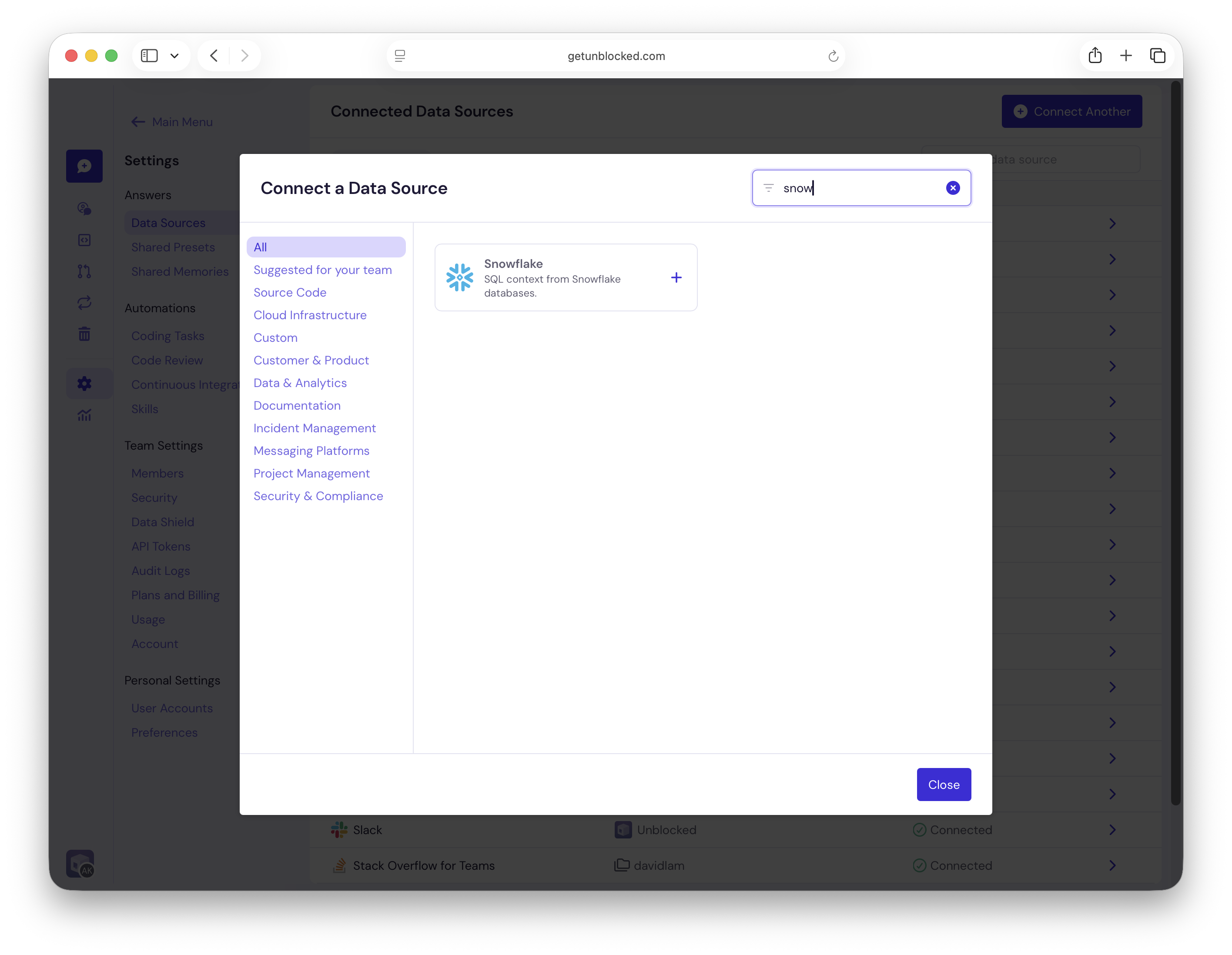 Connect a Data Source dialog filtered to Snowflake