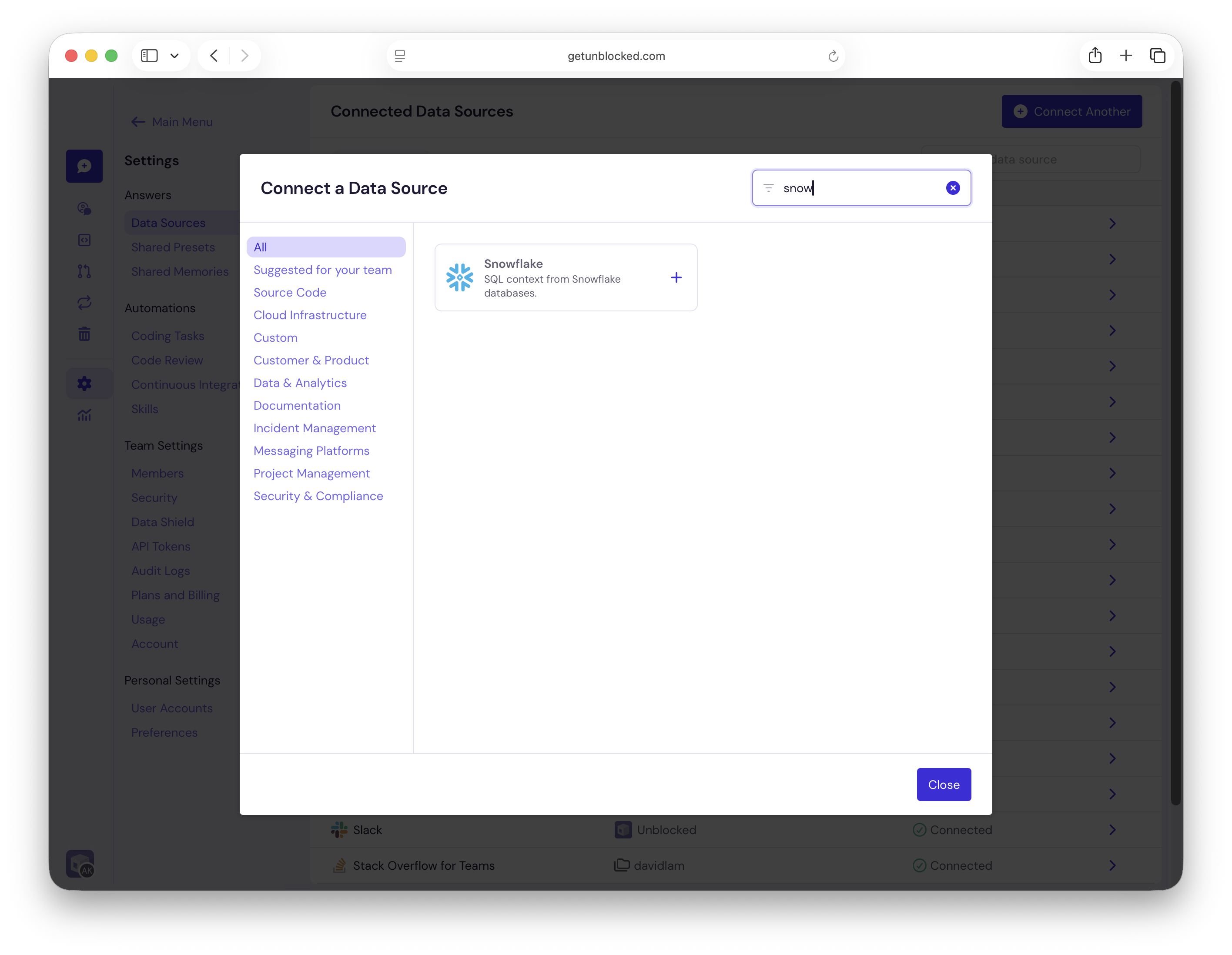 Connect a Data Source dialog filtered to Snowflake