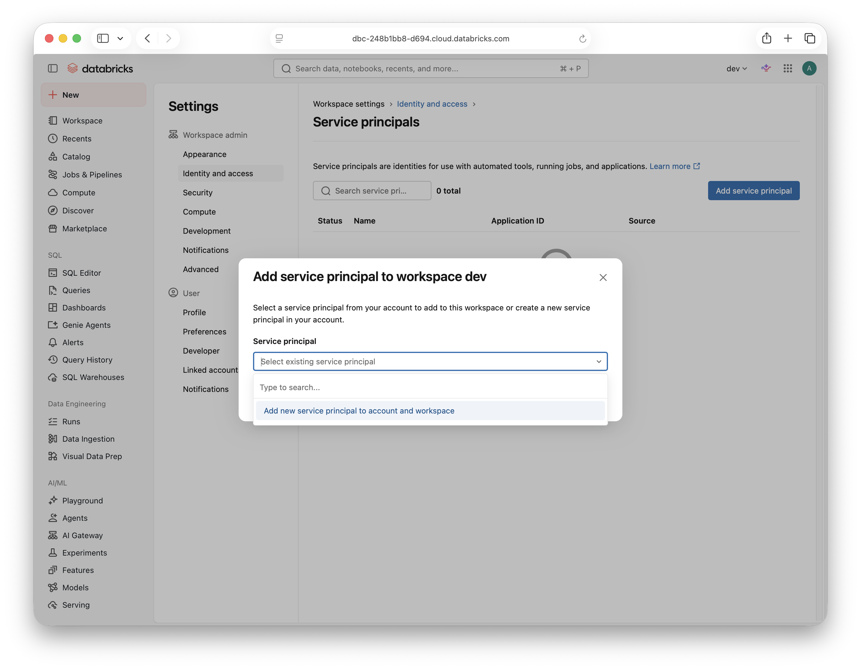 Option to add a new service principal to the account and workspace