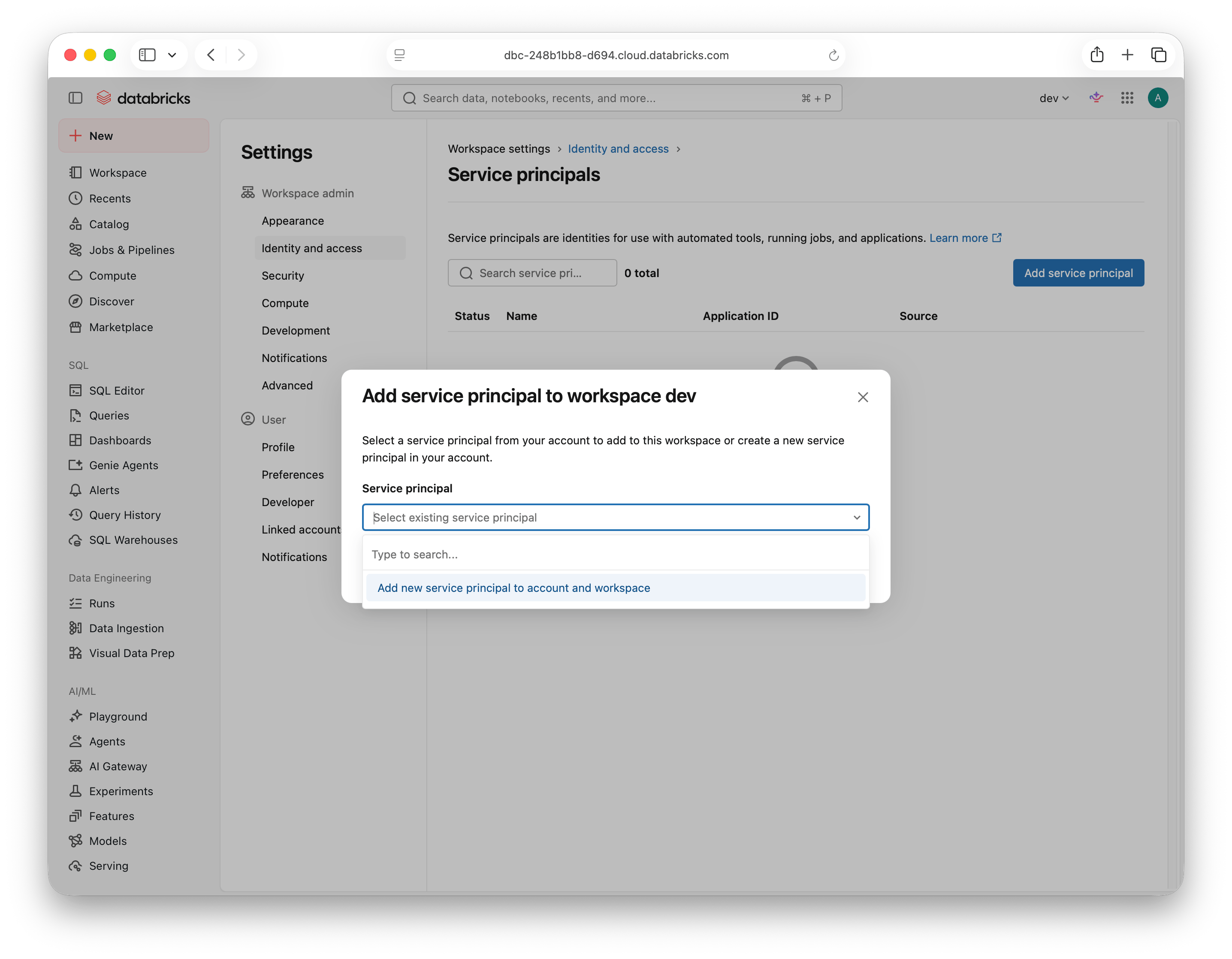 Option to add a new service principal to the account and workspace