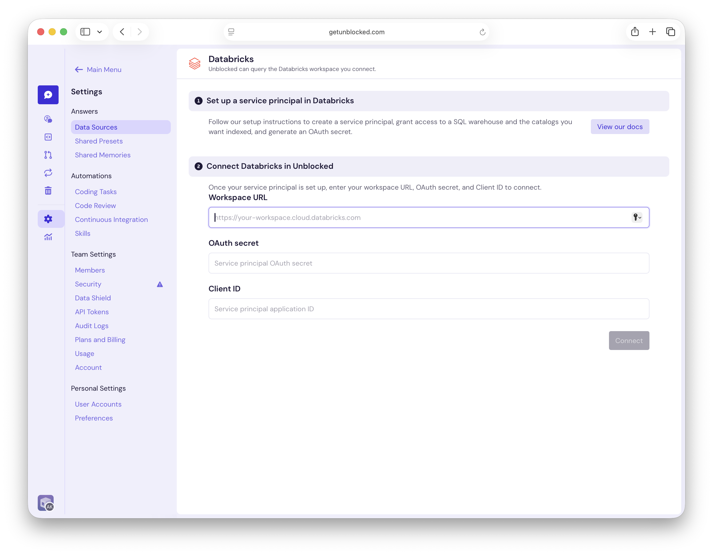 Unblocked Databricks setup form with Workspace URL, OAuth secret, and Client ID fields