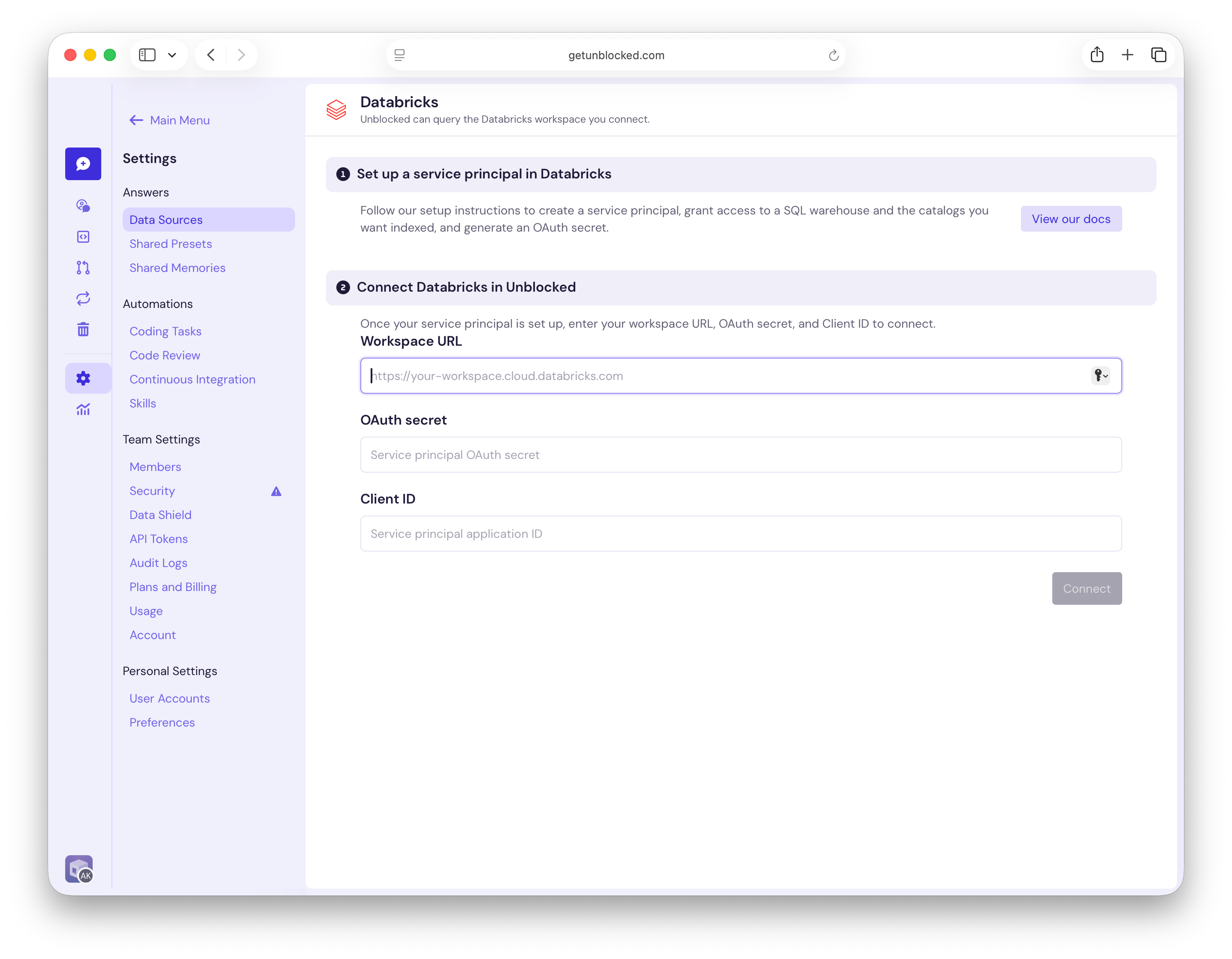 Unblocked Databricks setup form with Workspace URL, OAuth secret, and Client ID fields