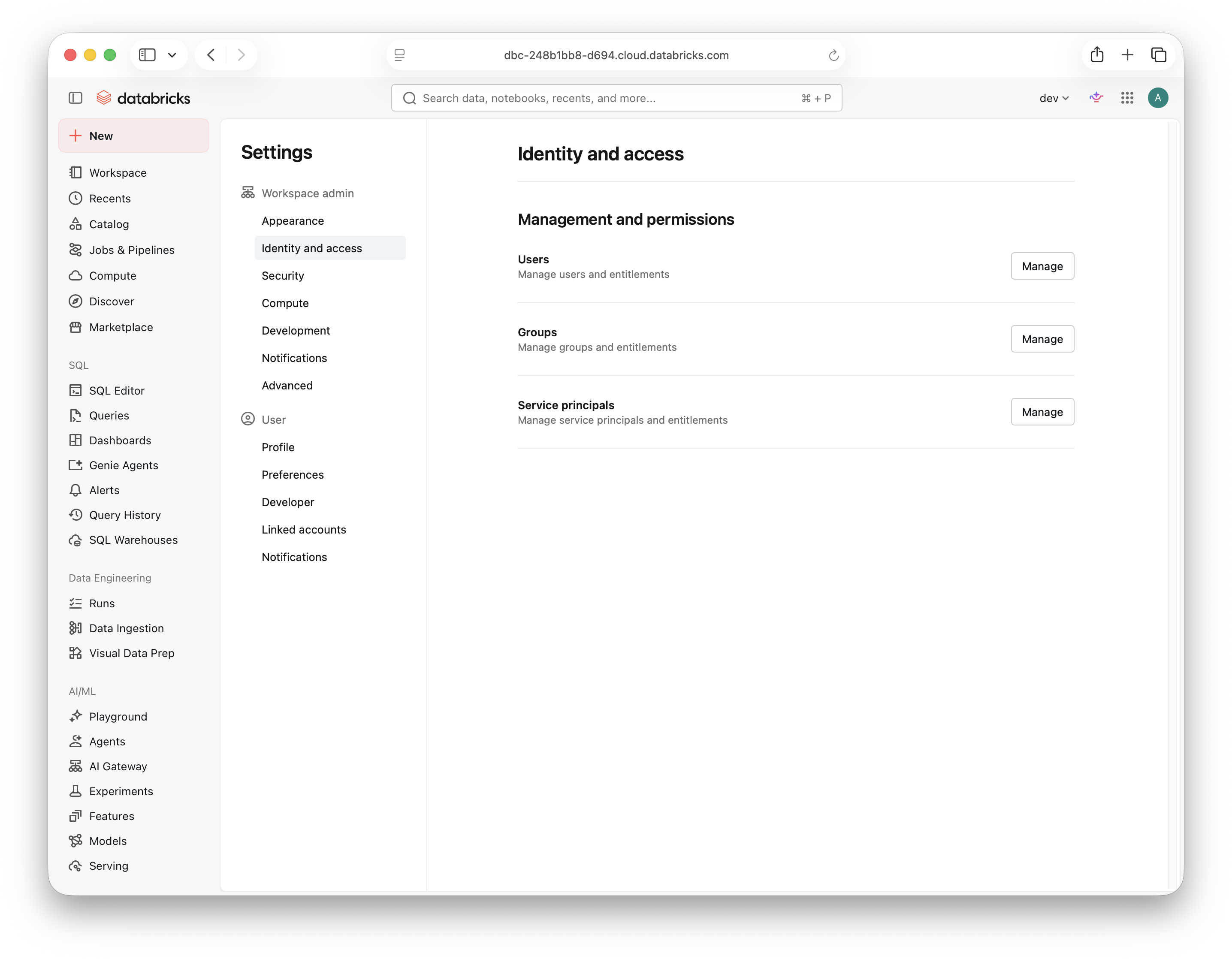 Identity and access settings with the Service principals Manage button