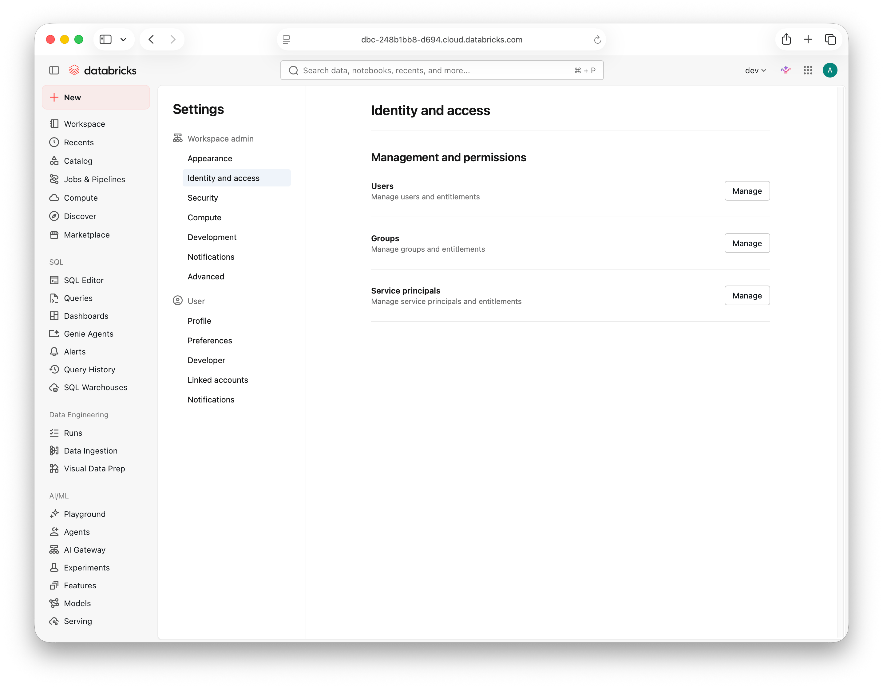 Identity and access settings with the Service principals Manage button