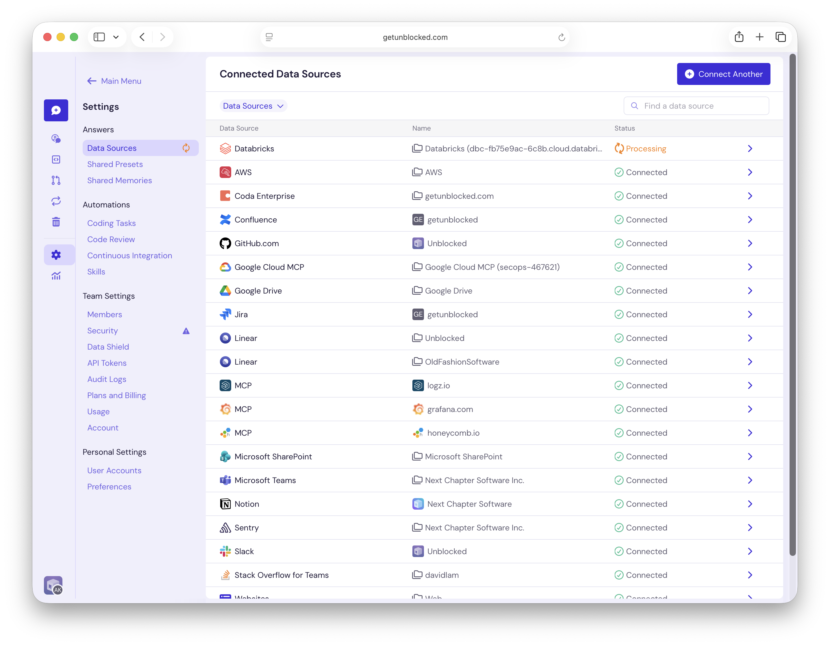 Connected Data Sources page showing Databricks with Processing status