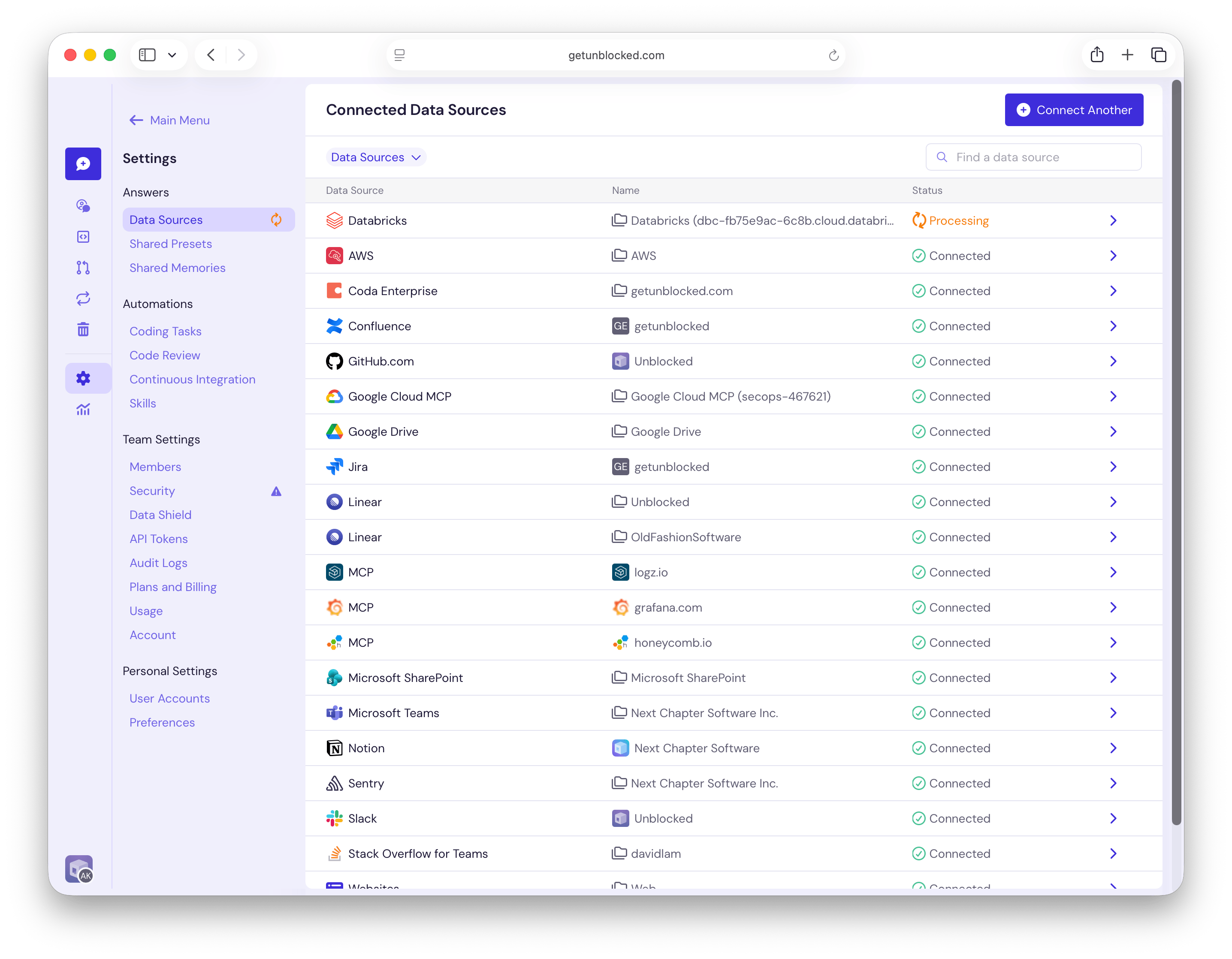 Connected Data Sources page showing Databricks with Processing status