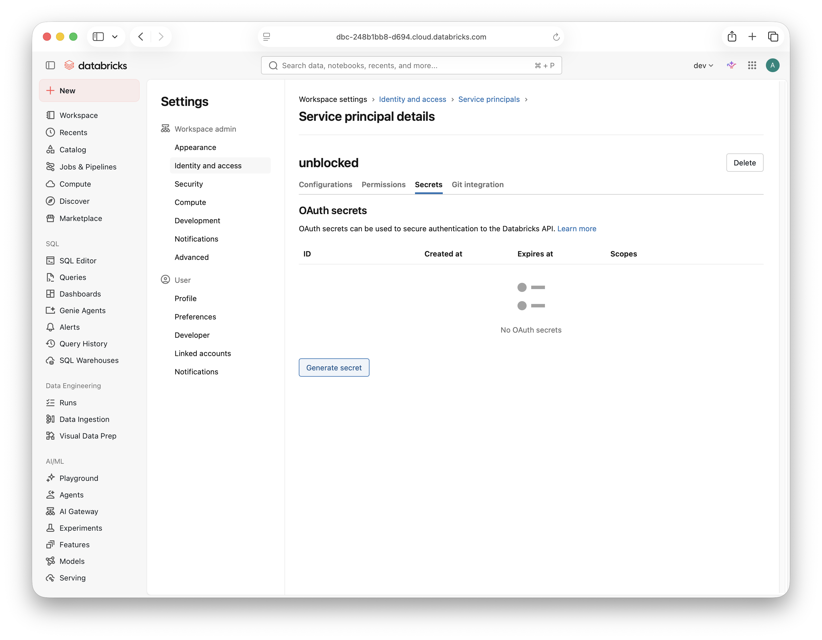Service principal Secrets tab with the Generate secret button
