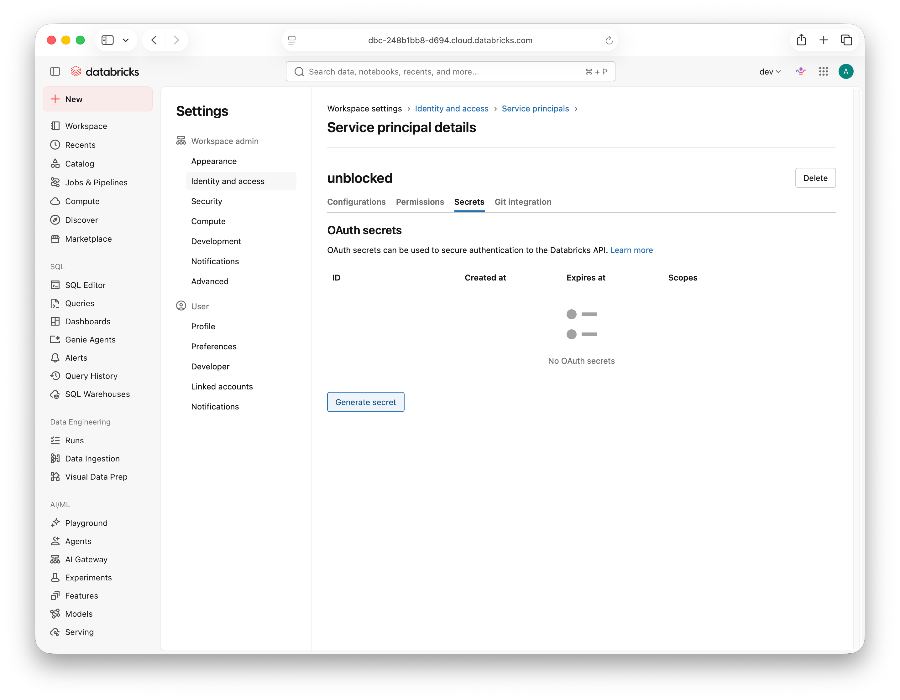 Service principal Secrets tab with the Generate secret button