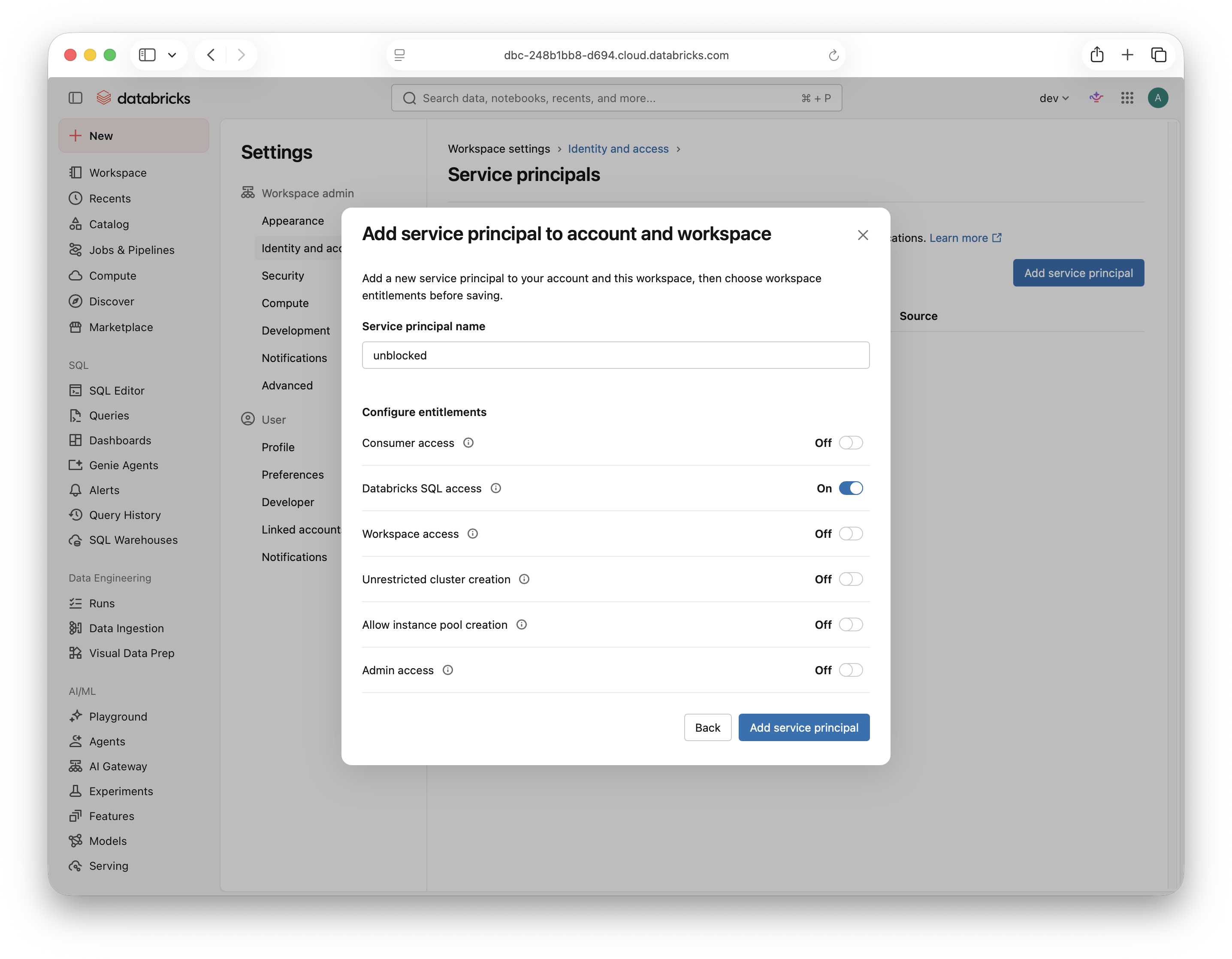 Service principal with Databricks SQL access enabled