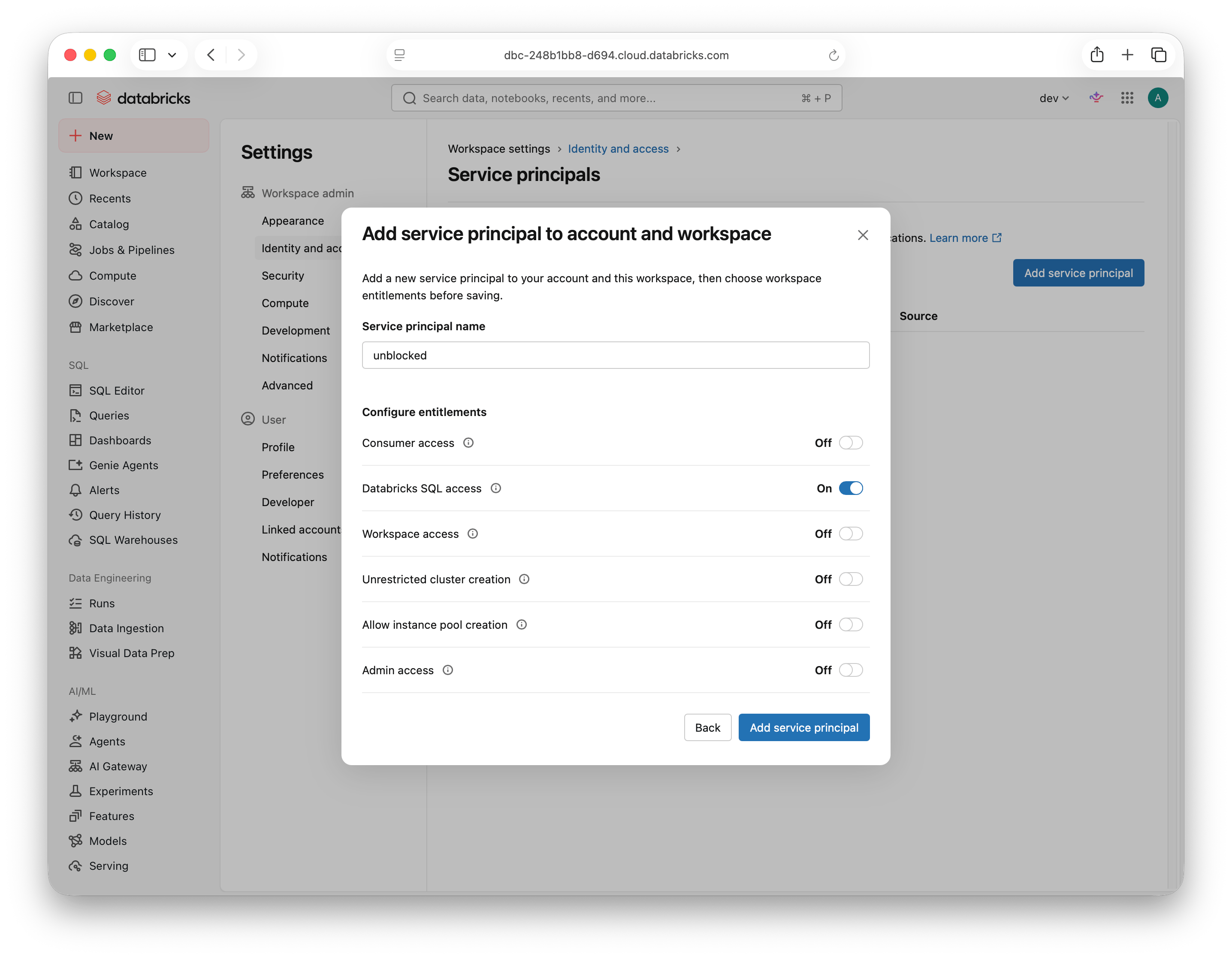 Service principal with Databricks SQL access enabled