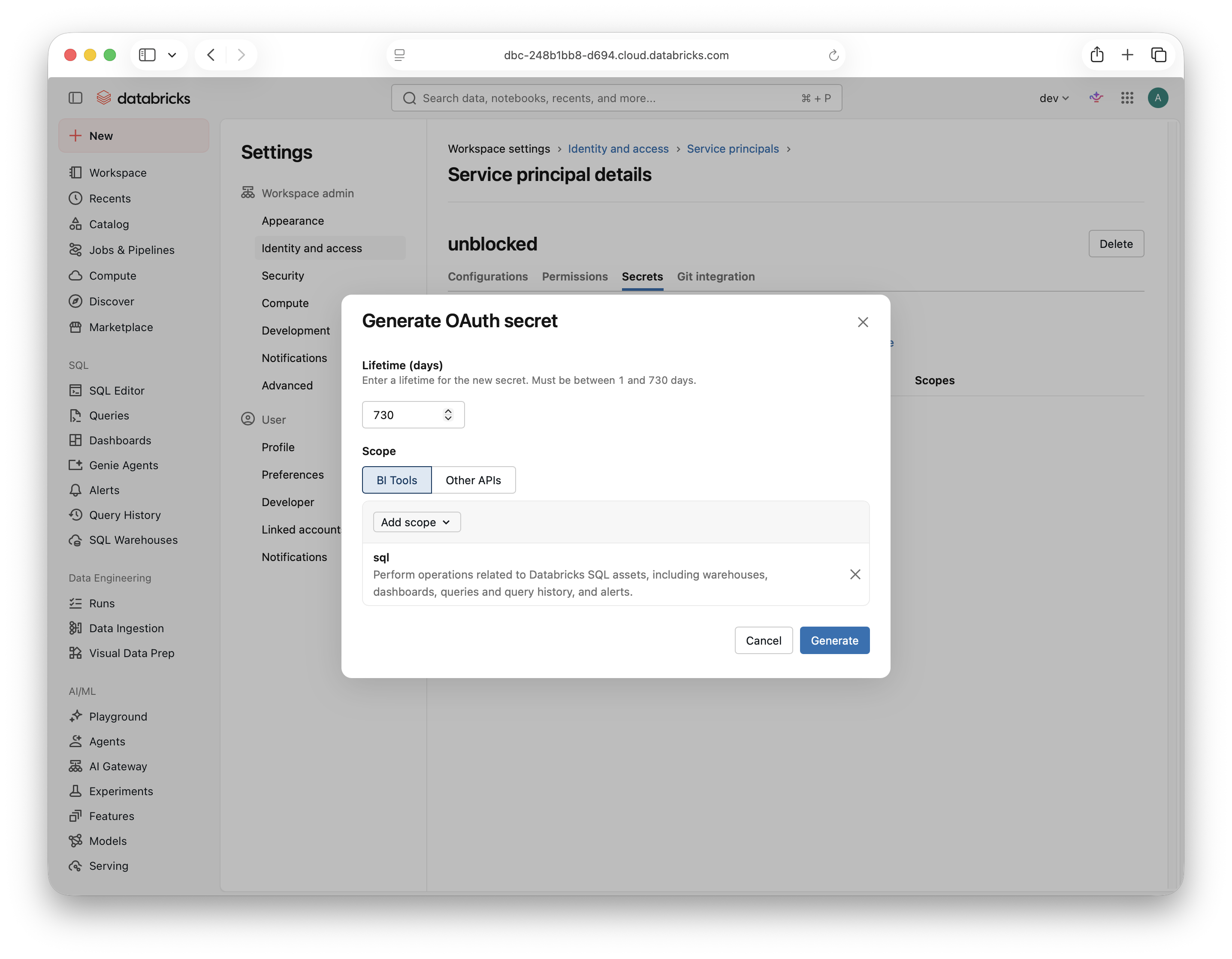 OAuth secret configuration with the sql scope selected