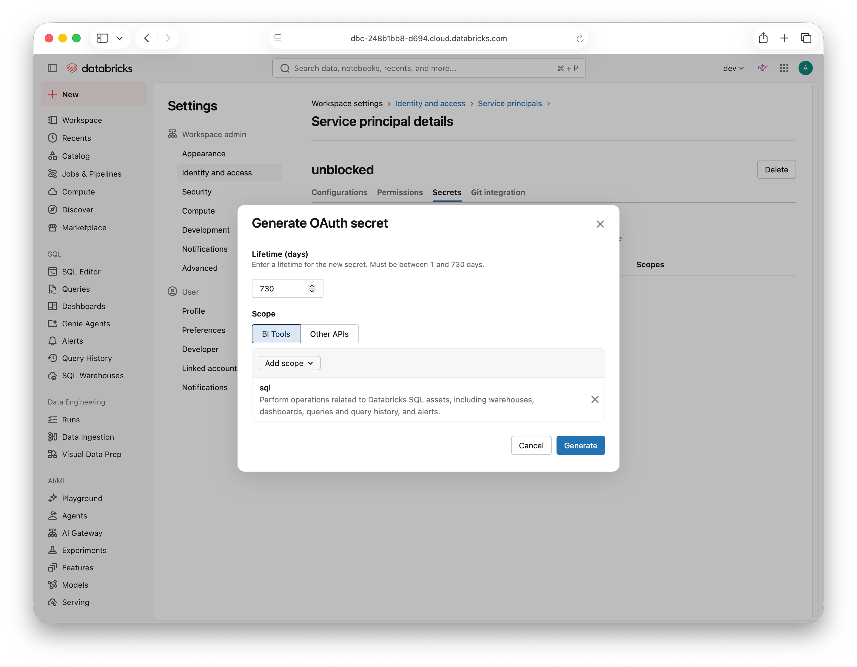 OAuth secret configuration with the sql scope selected