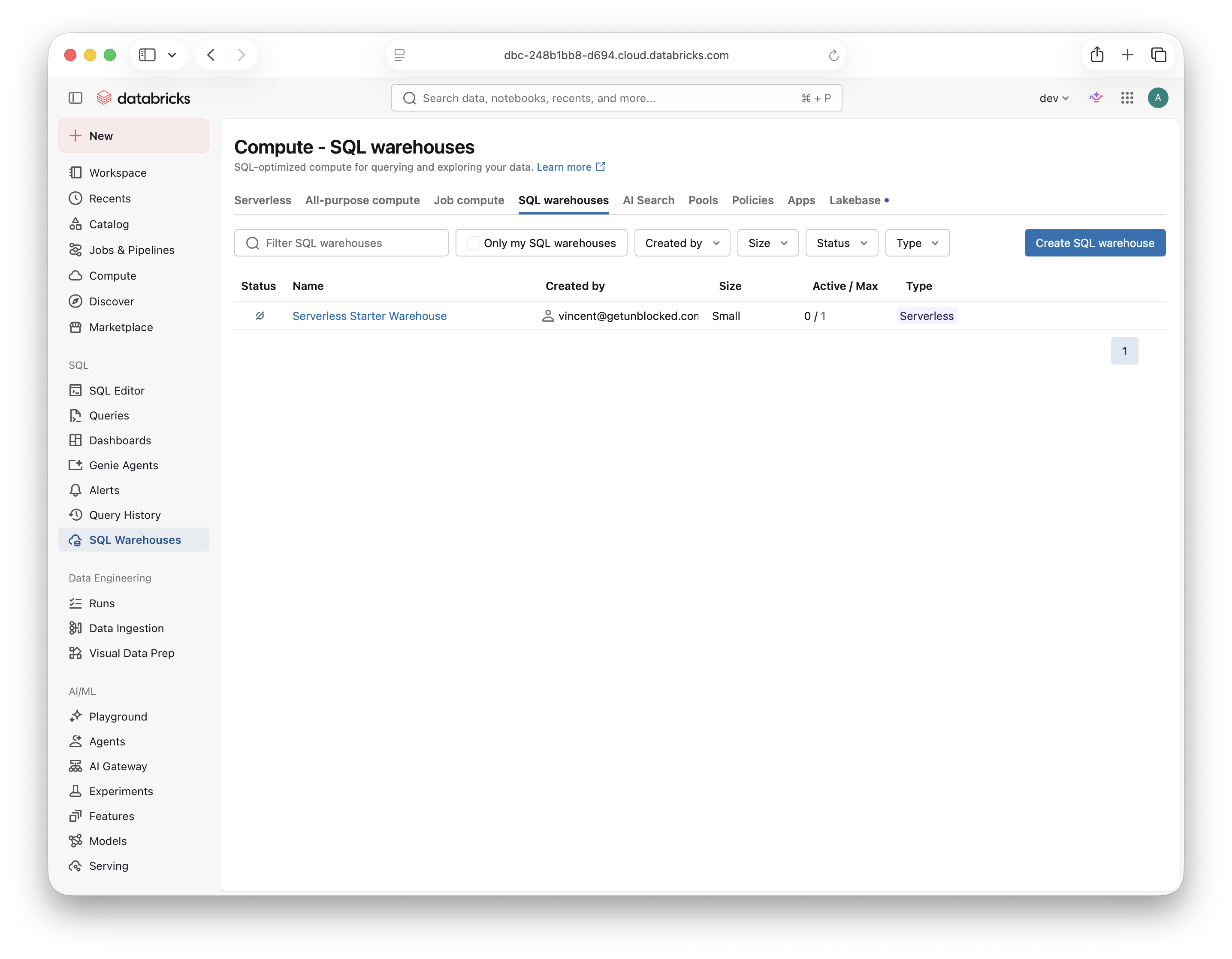 SQL Warehouses list