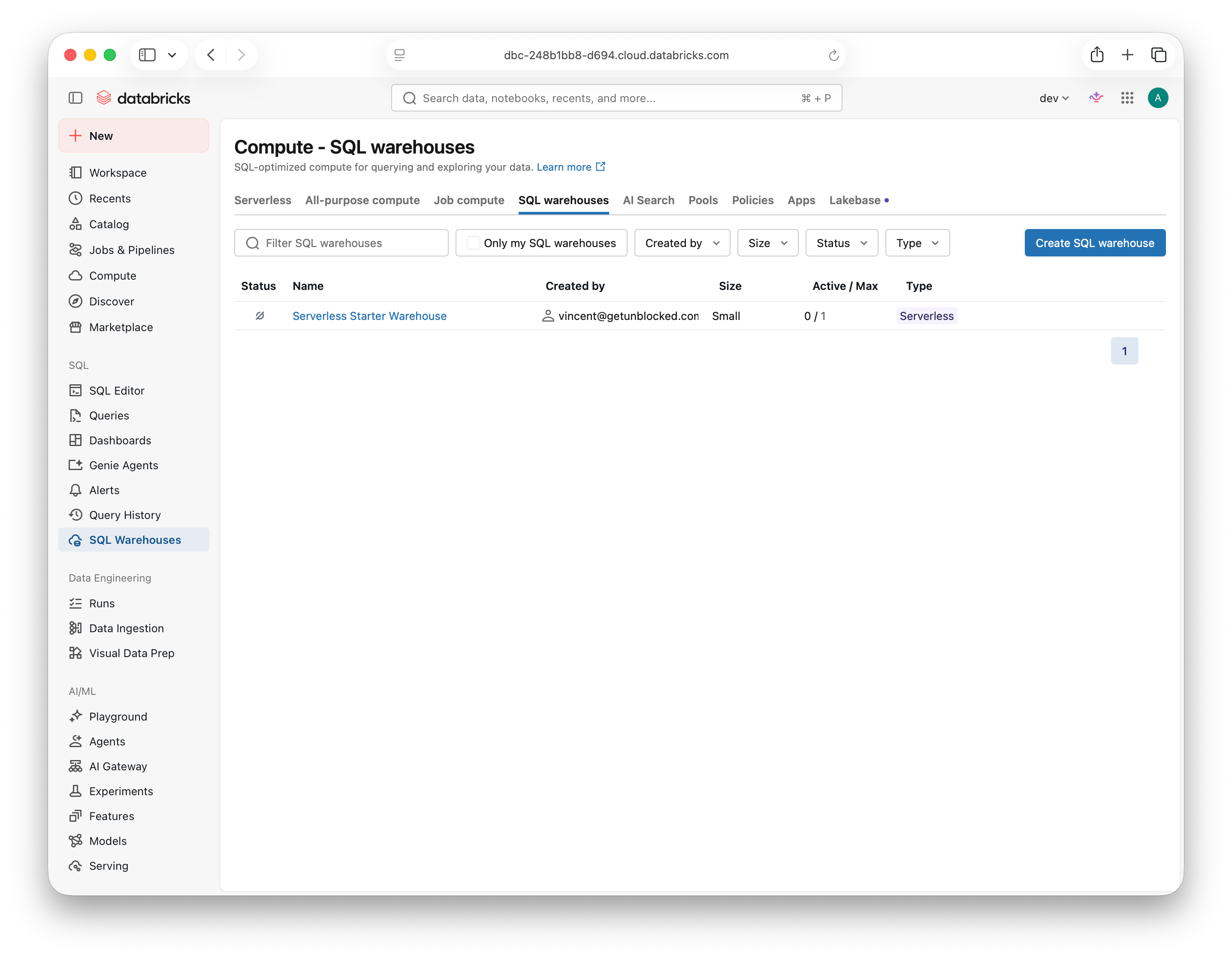 SQL Warehouses list