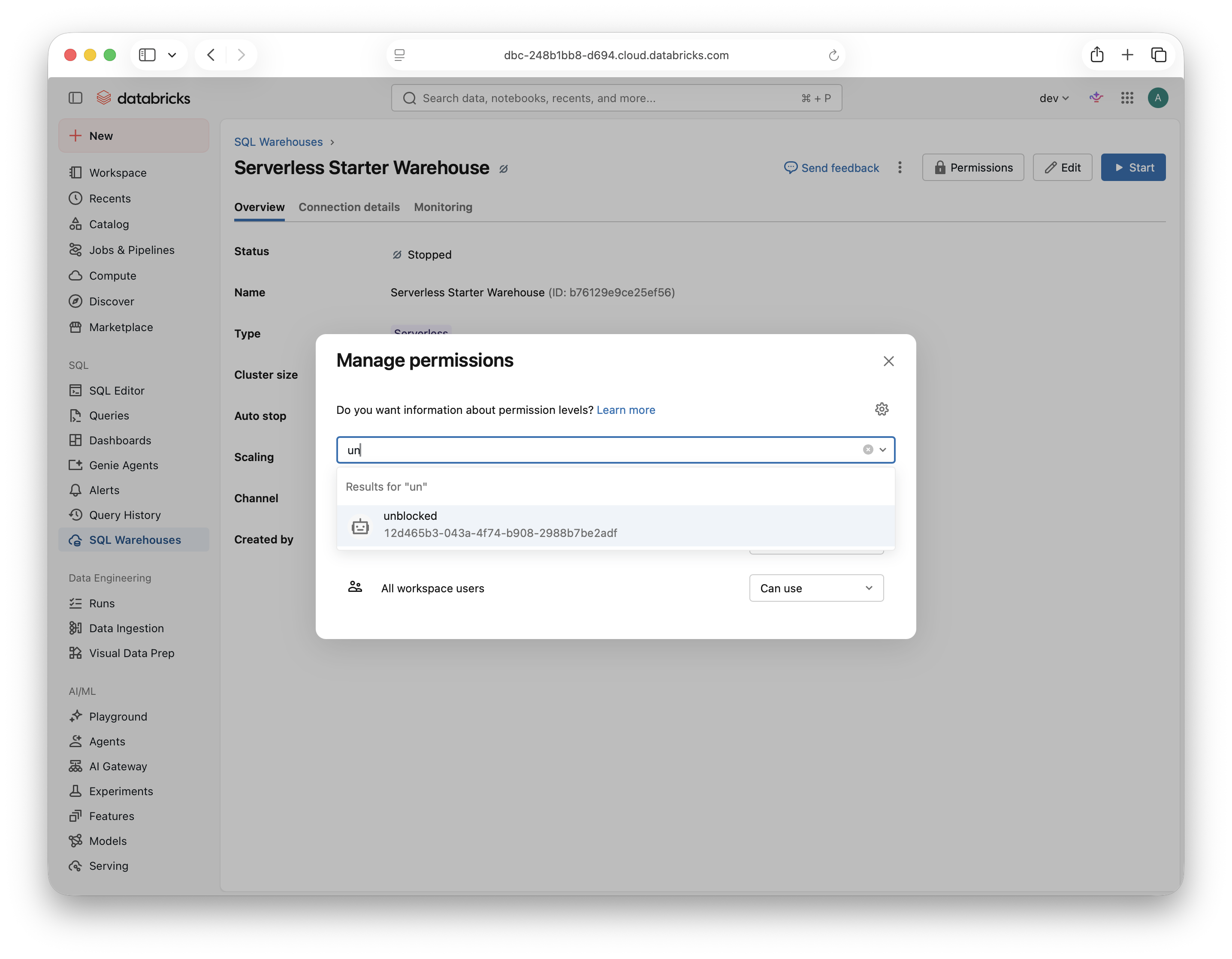 Warehouse permissions dialog with the unblocked service principal in search results