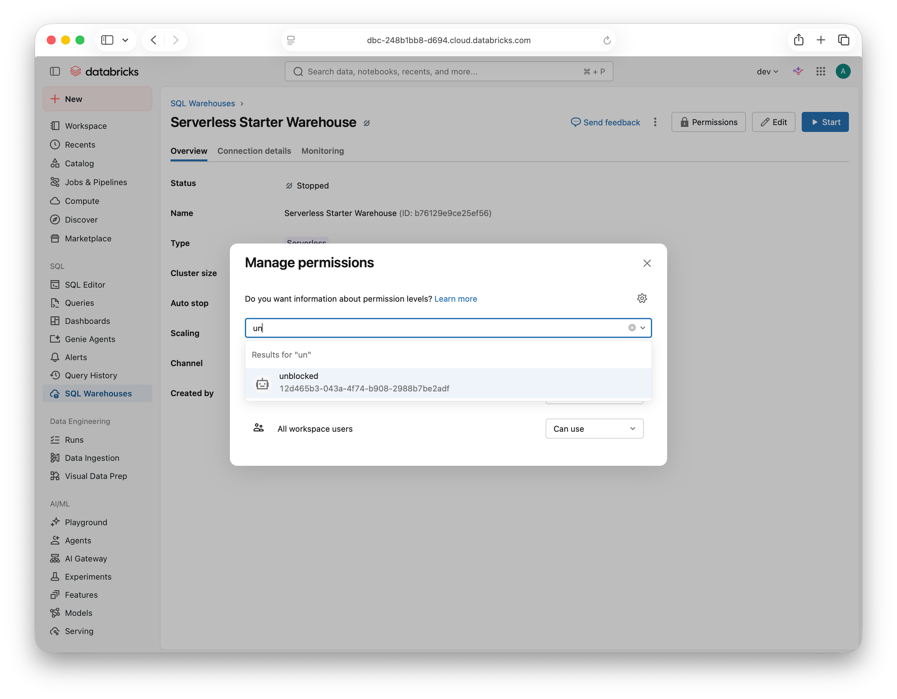 Warehouse permissions dialog with the unblocked service principal in search results