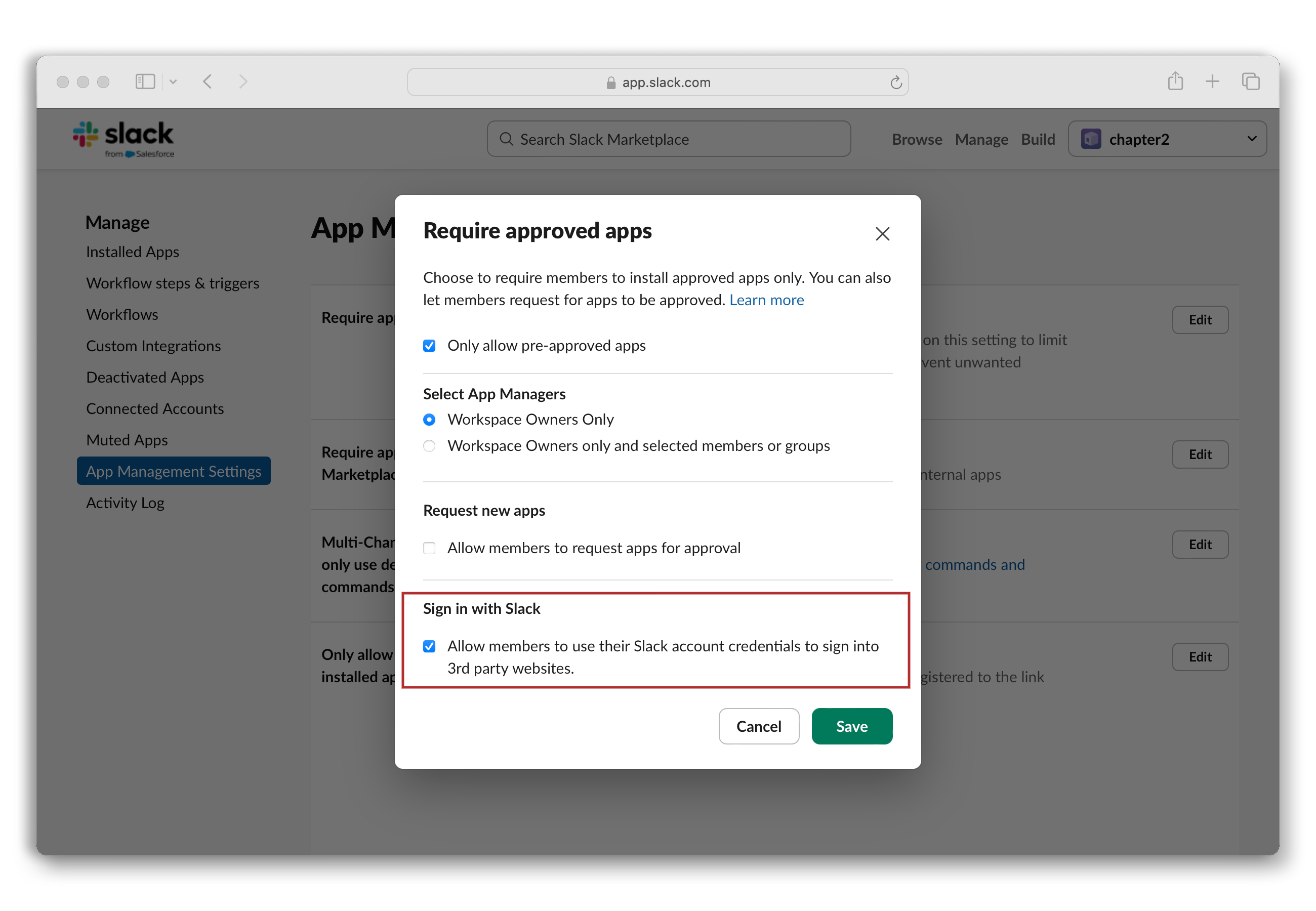 Sign in with slack Settings