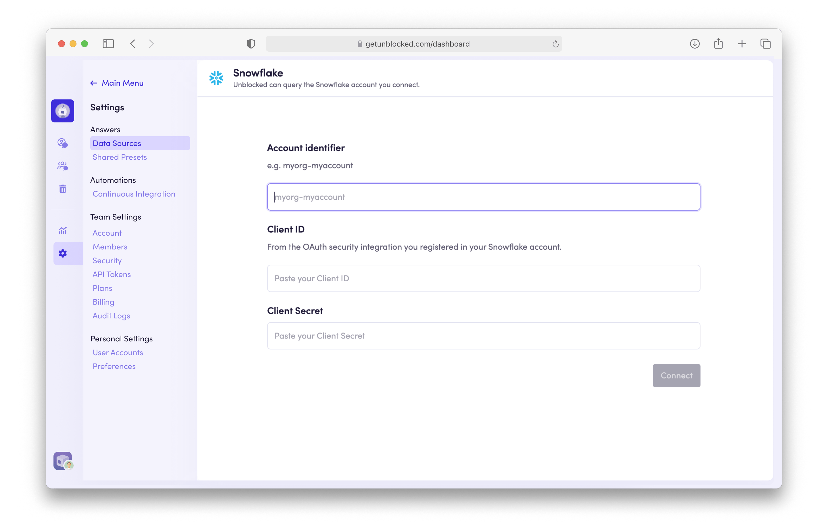 Snowflake connect form