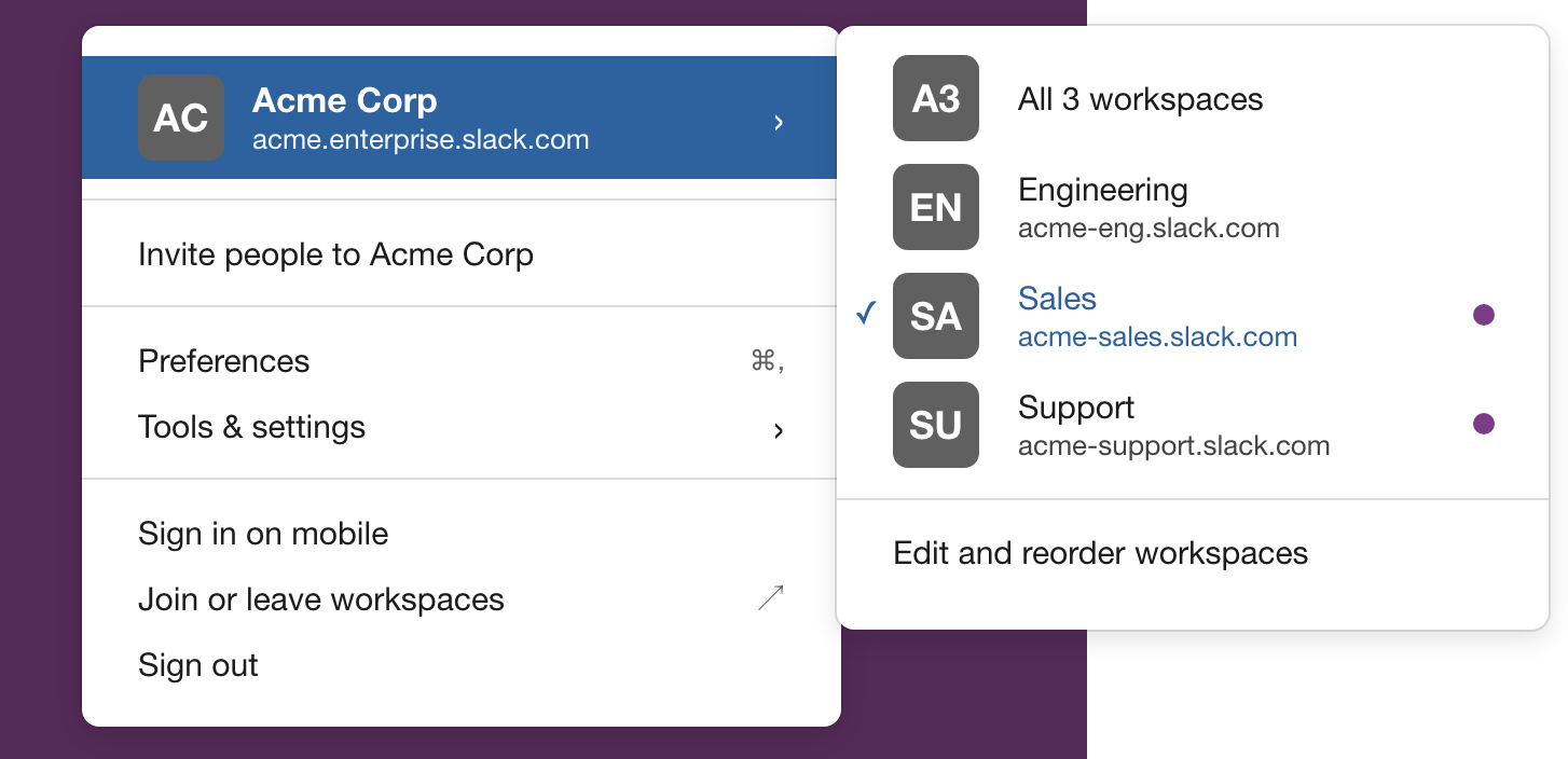 Slack workspace menu with the organization's workspace list open, showing Edit and reorder workspaces below the list