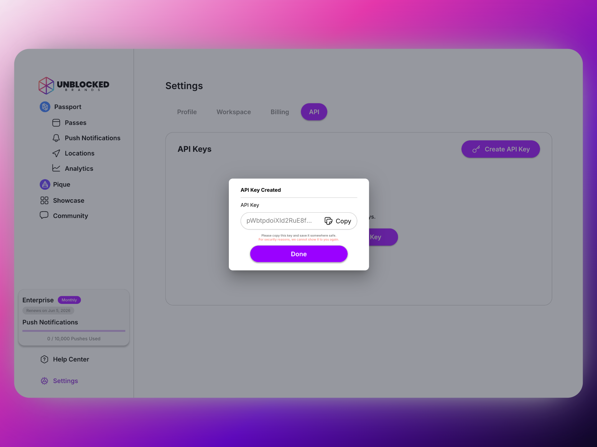 Generated API key with copy button highlighted