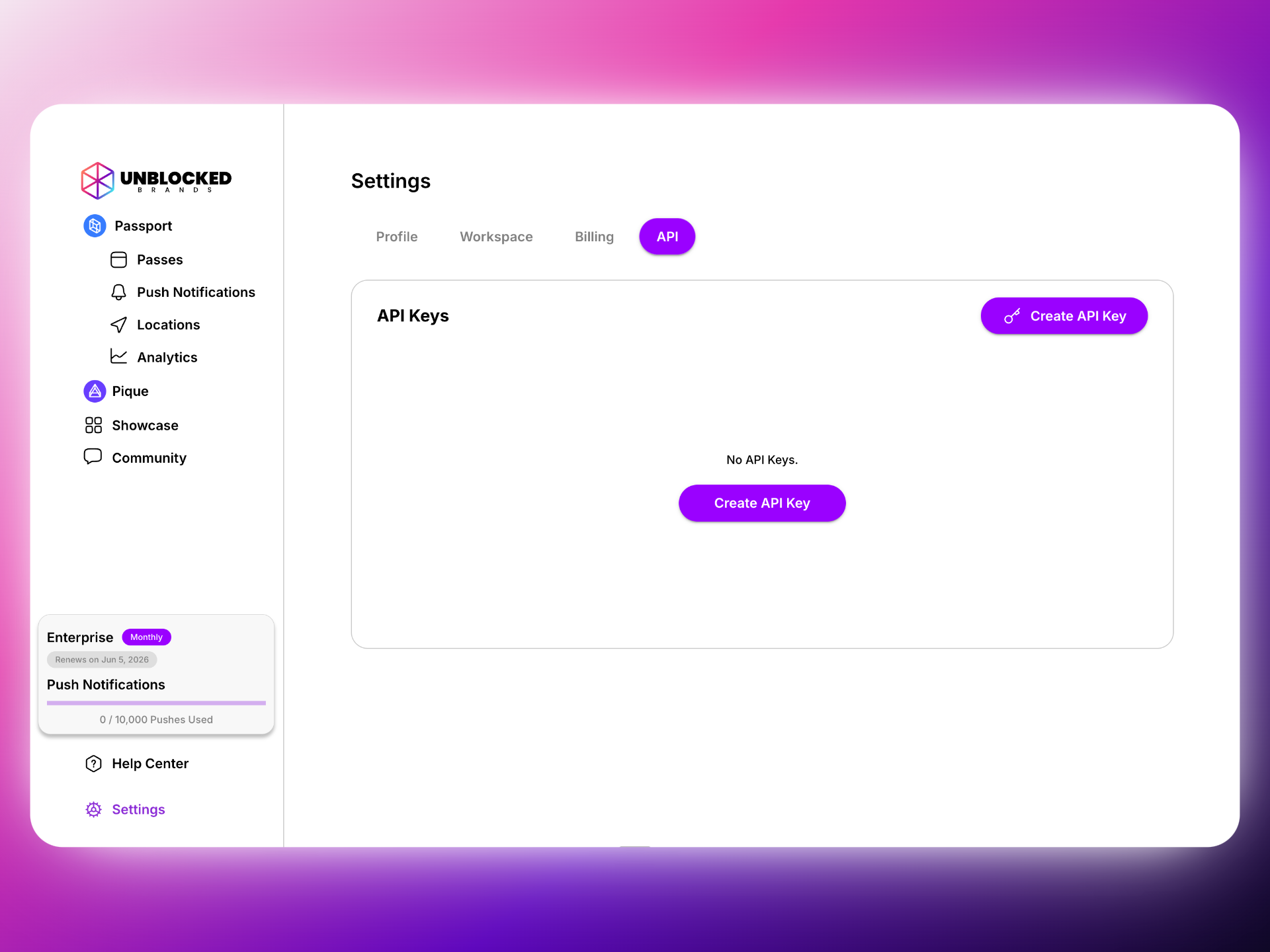 Settings page with API tab highlighted