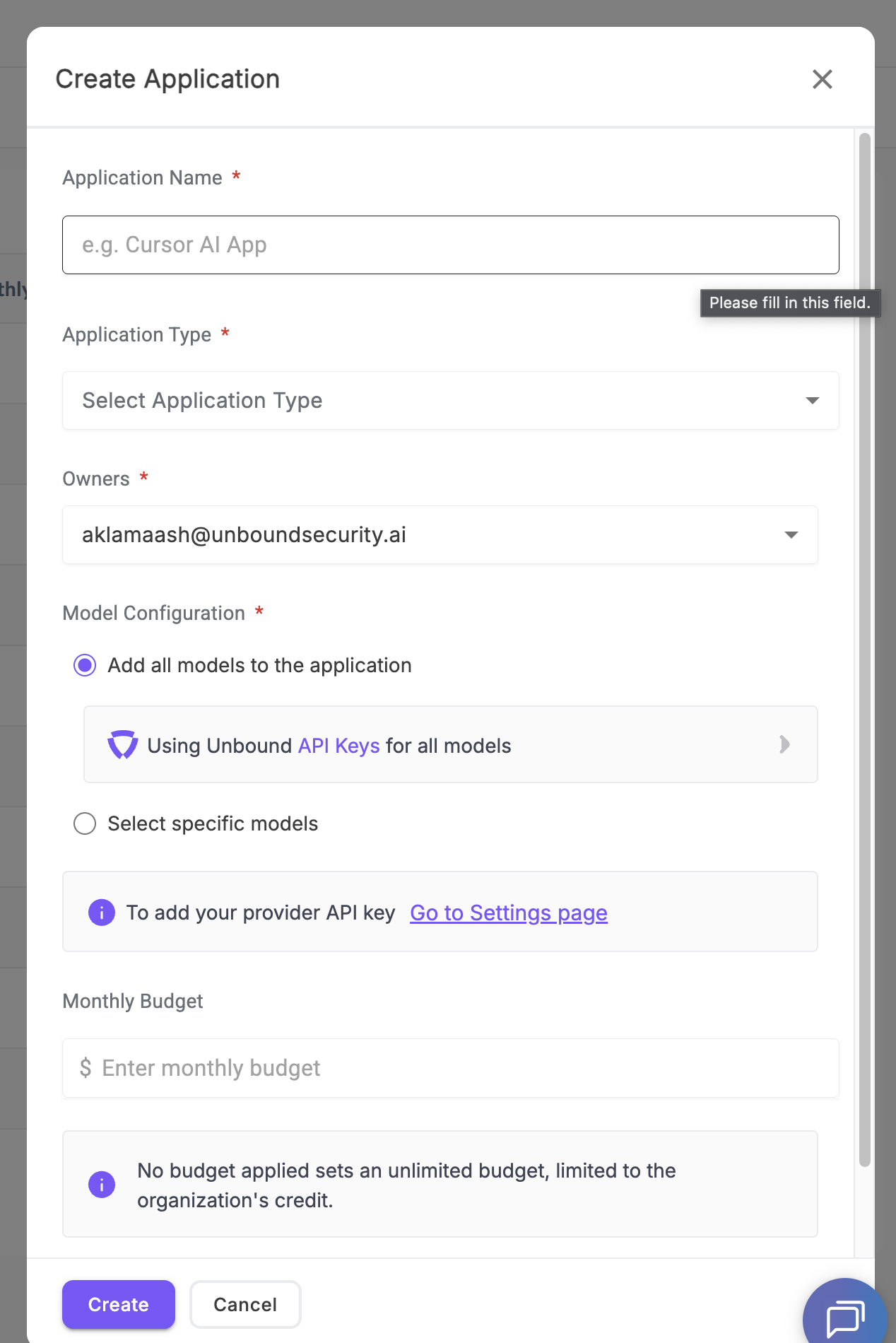 Create Application Form