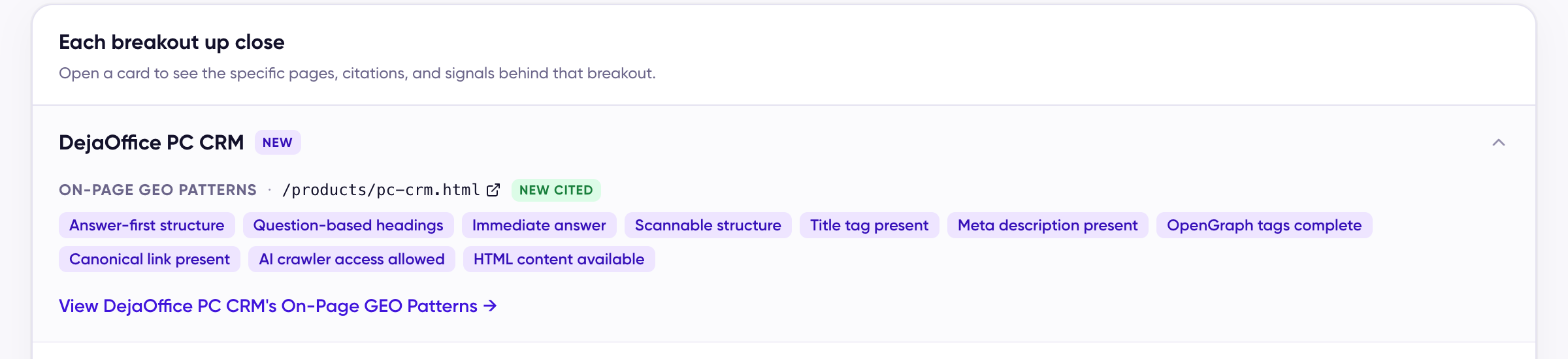 One breakout expanded on the Pro plan, showing the cited page path, a New cited tag, a row of on-page GEO pattern tags, and a View On-Page GEO Patterns link