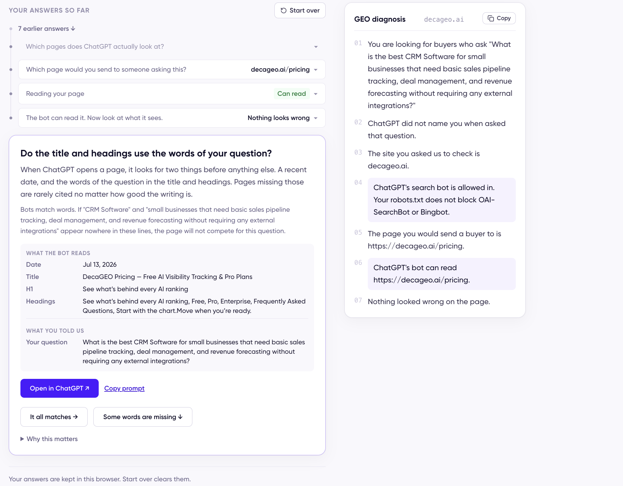 The Content step showing the date, title, H1, and headings read from the page under "What the bot reads," with the user's own buying question below it under "What you told us"