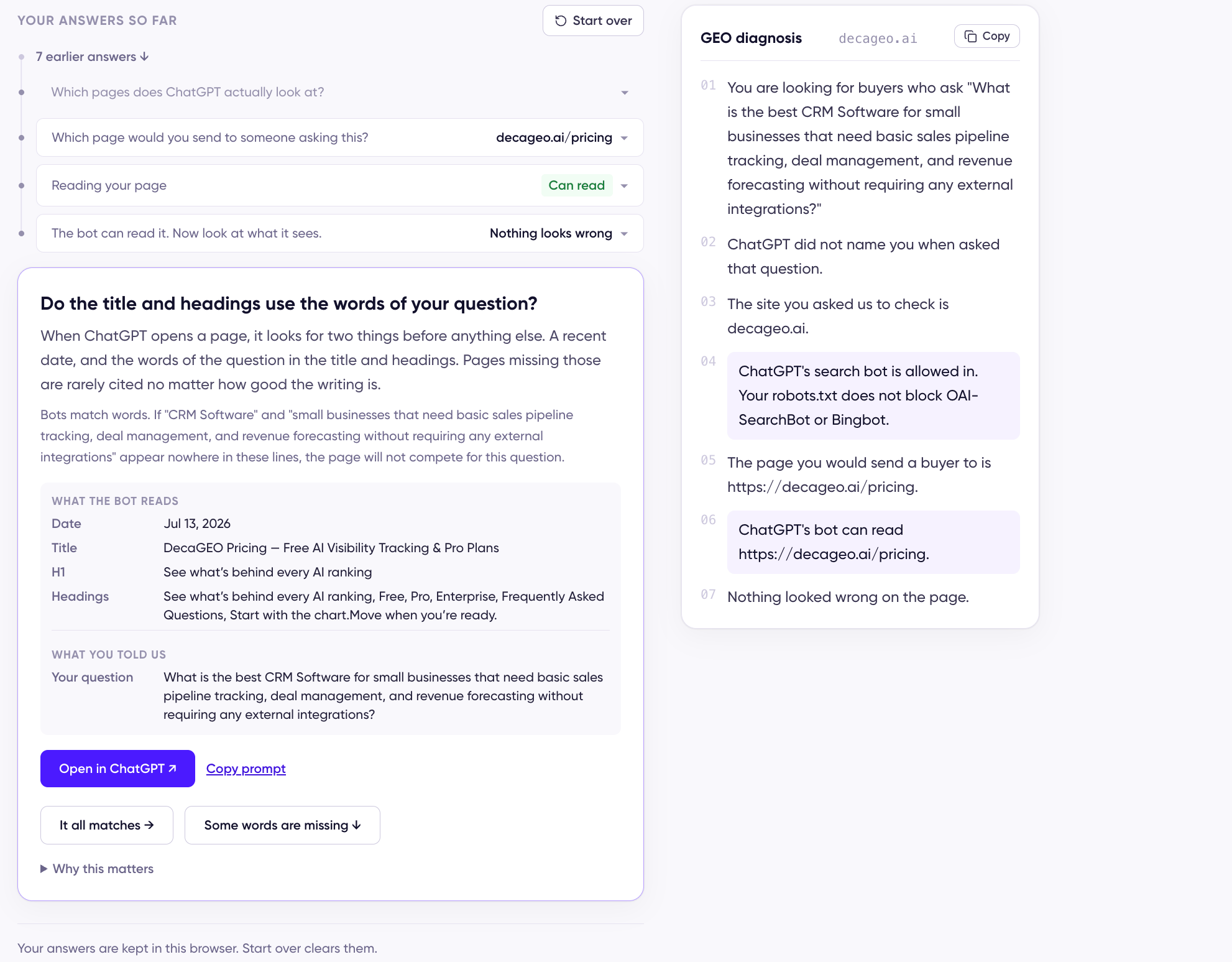 The Content step showing the date, title, H1, and headings read from the page under "What the bot reads," with the user's own buying question below it under "What you told us"
