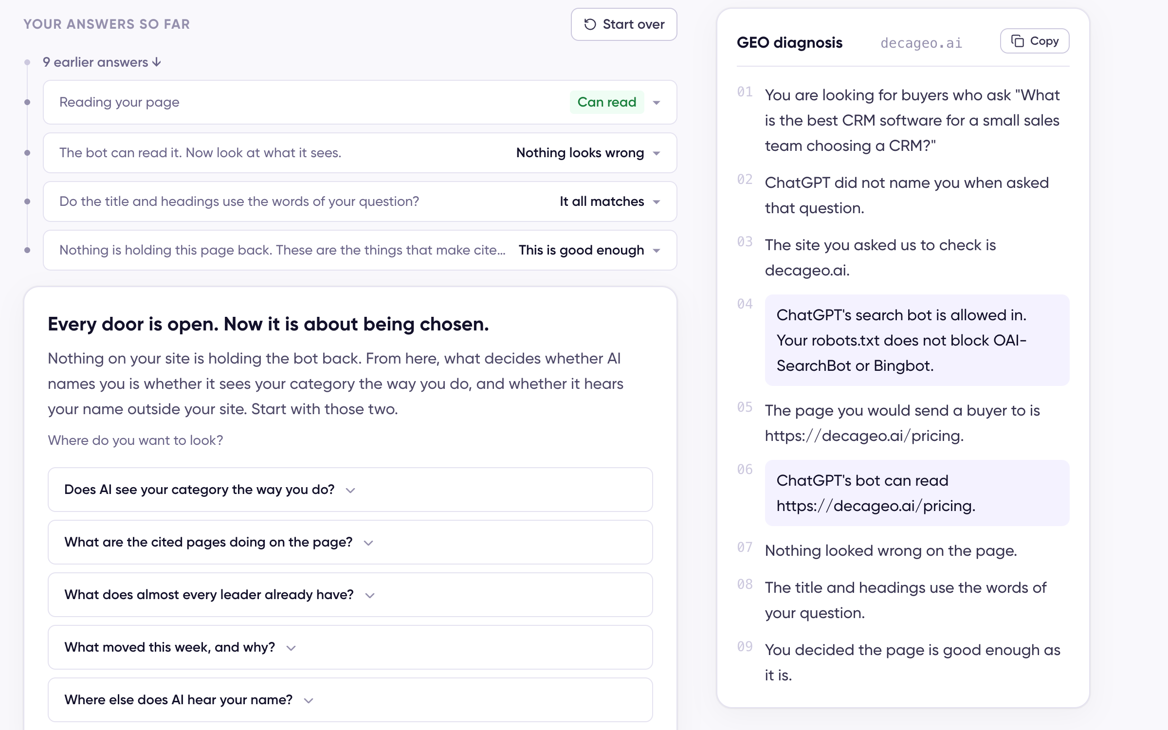 The Next steps screen listing where to look next, alongside the GEO diagnosis report with nine numbered lines built from the answers given so far