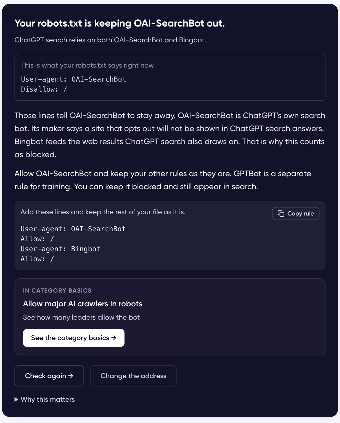 The Access step reporting that robots.txt is keeping OAI-SearchBot out, showing the current blocking lines, the lines to add, a link into Category Basics, and a Check again button, with the finding collected under What to fix in the report