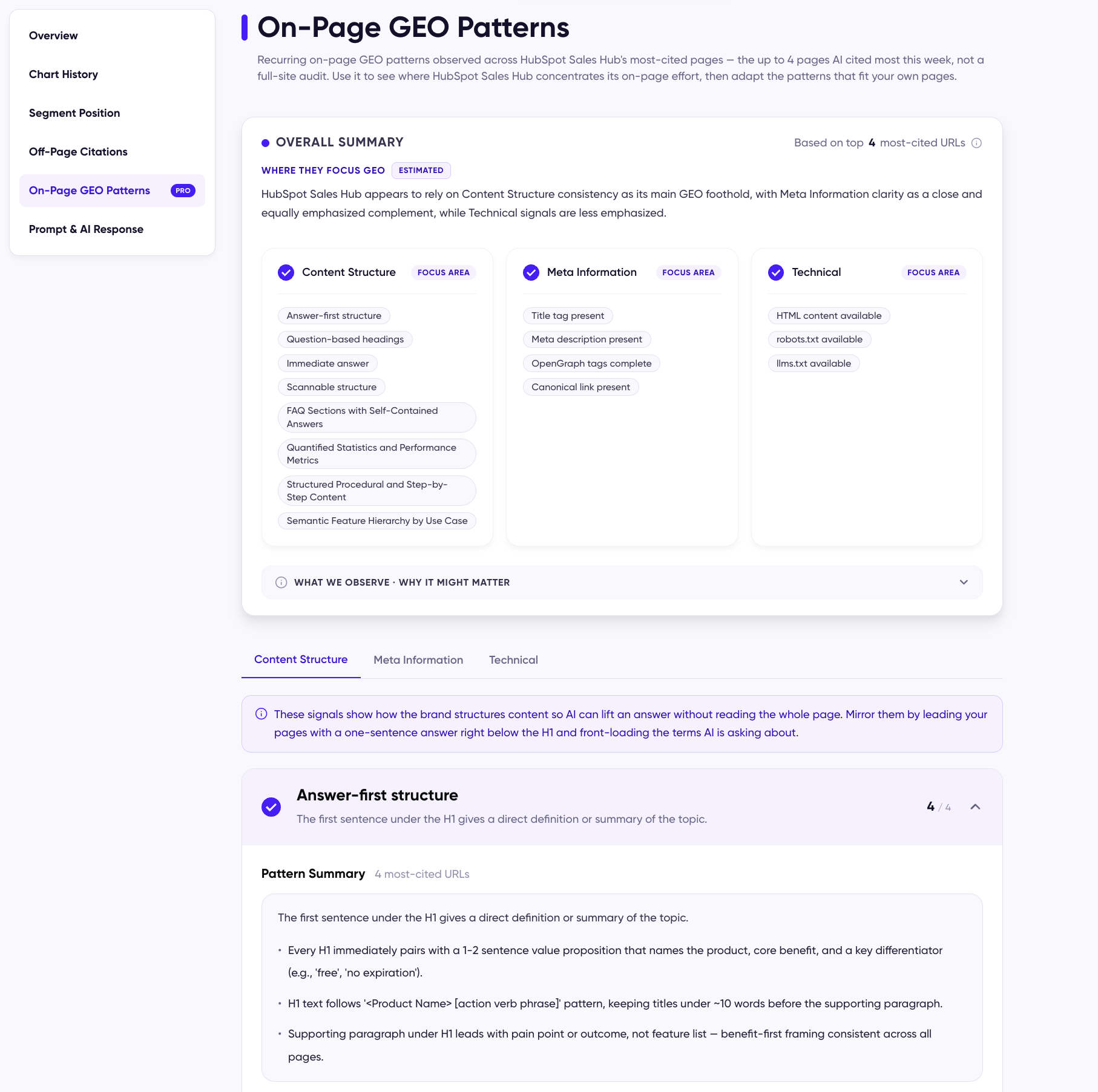 On-Page GEO Patterns tab with focus areas and pattern audit