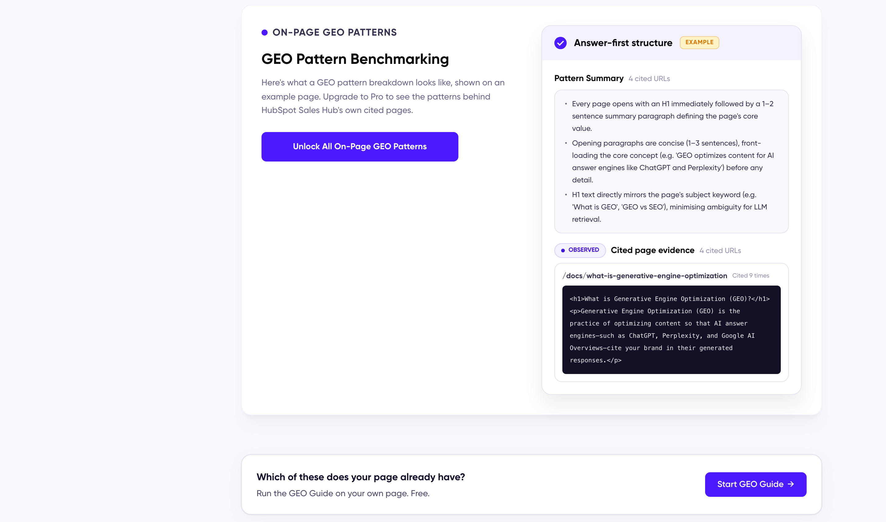 The On-Page GEO Patterns card on a product's Overview, explaining that the breakdown is shown on an example page with an Unlock button, an example card tagged EXAMPLE, and a Which of these does your page already have band with a Start GEO Guide button