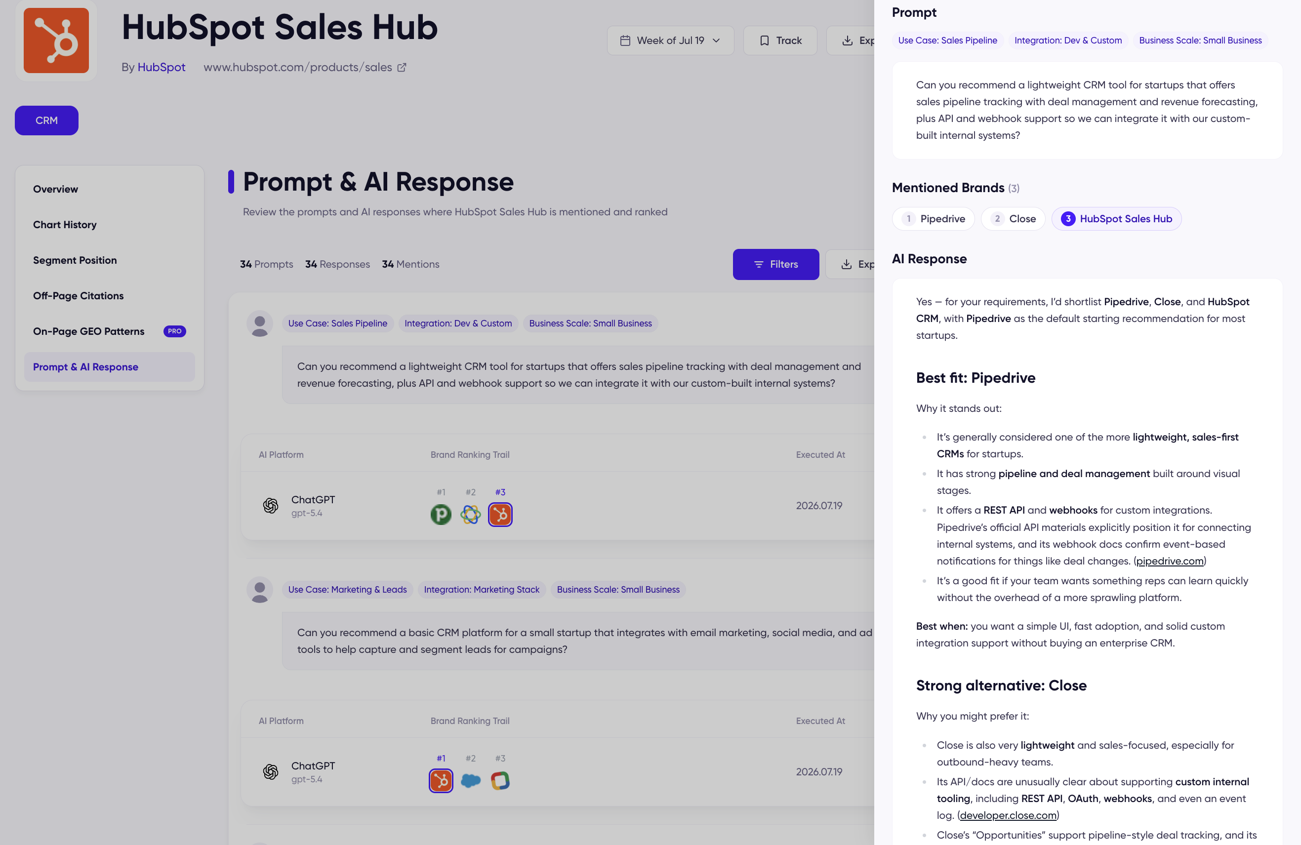 Prompt & AI Response tab with prompts and brand ranking trails