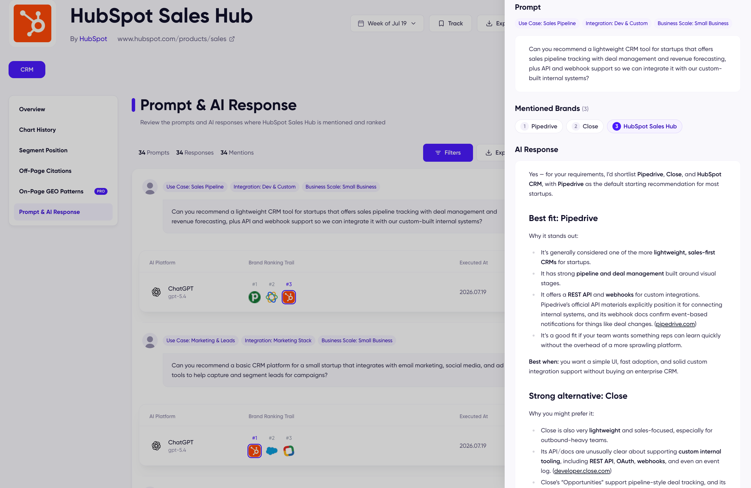 Prompt & AI Response tab with prompts and brand ranking trails