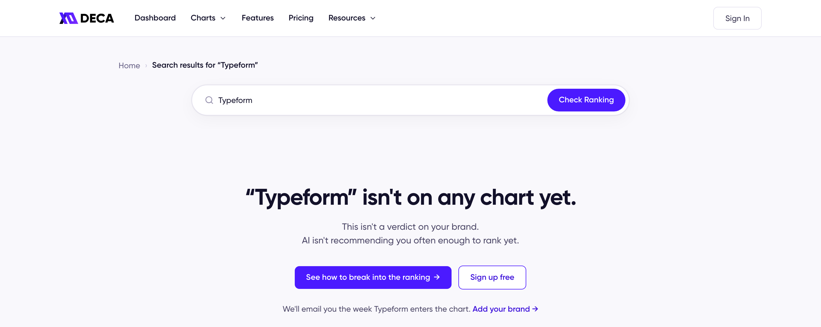 Search results page saying the brand isn't on any chart yet, with buttons to see how to break into the ranking or sign up, and an Add your brand link beneath them