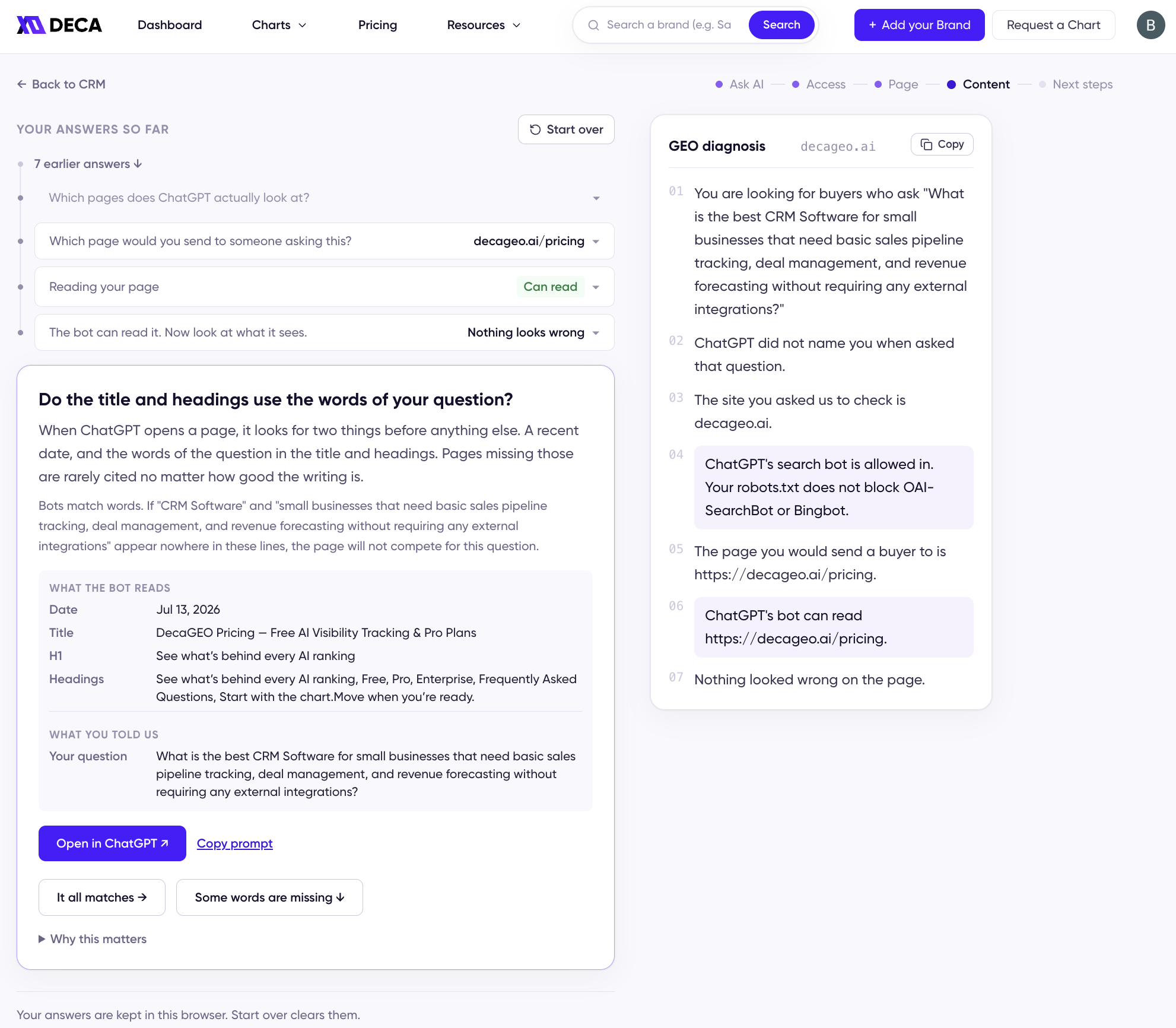 The Content step showing the date, title, H1, and headings read from the page under "What the bot reads," with the user's own buying question below it under "What you told us"