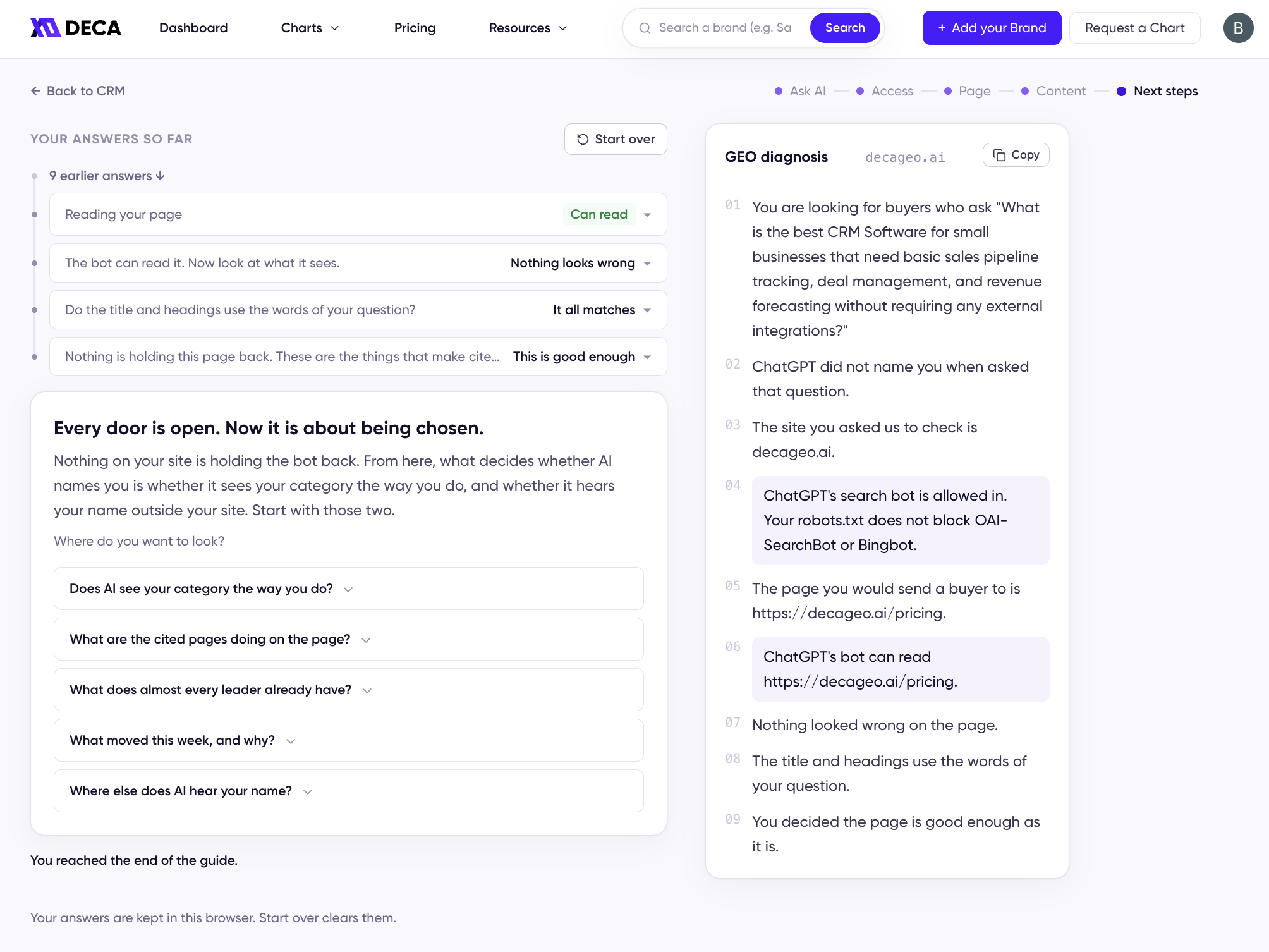 The Next steps screen listing where to look next, alongside the GEO diagnosis report with nine numbered lines built from the answers given so far