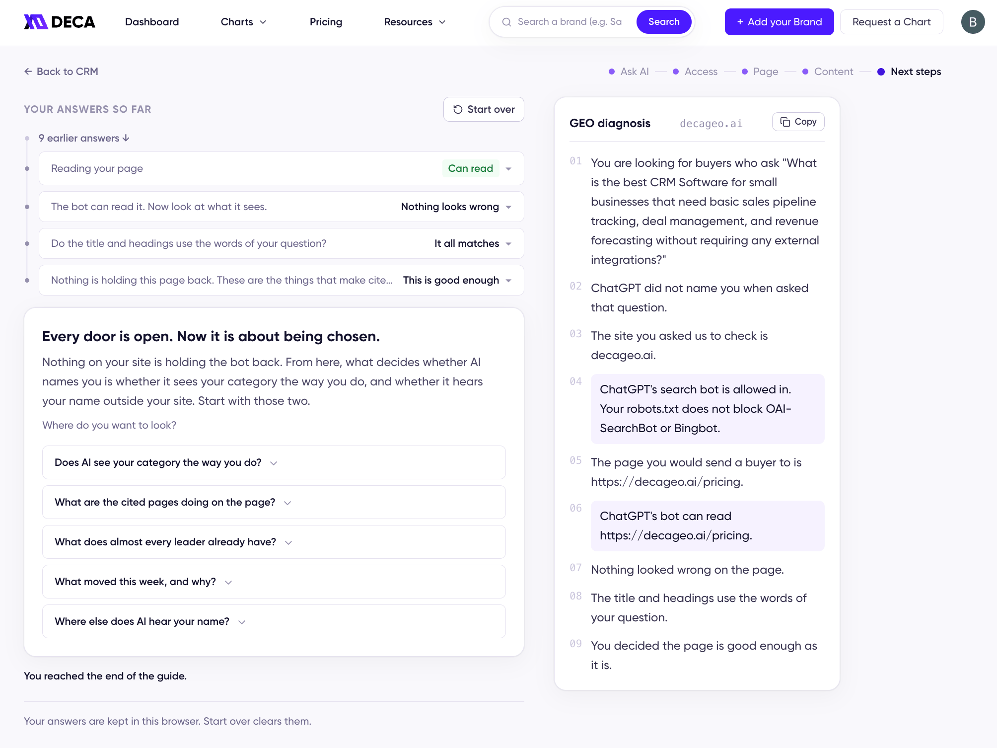 The Next steps screen listing where to look next, alongside the GEO diagnosis report with nine numbered lines built from the answers given so far