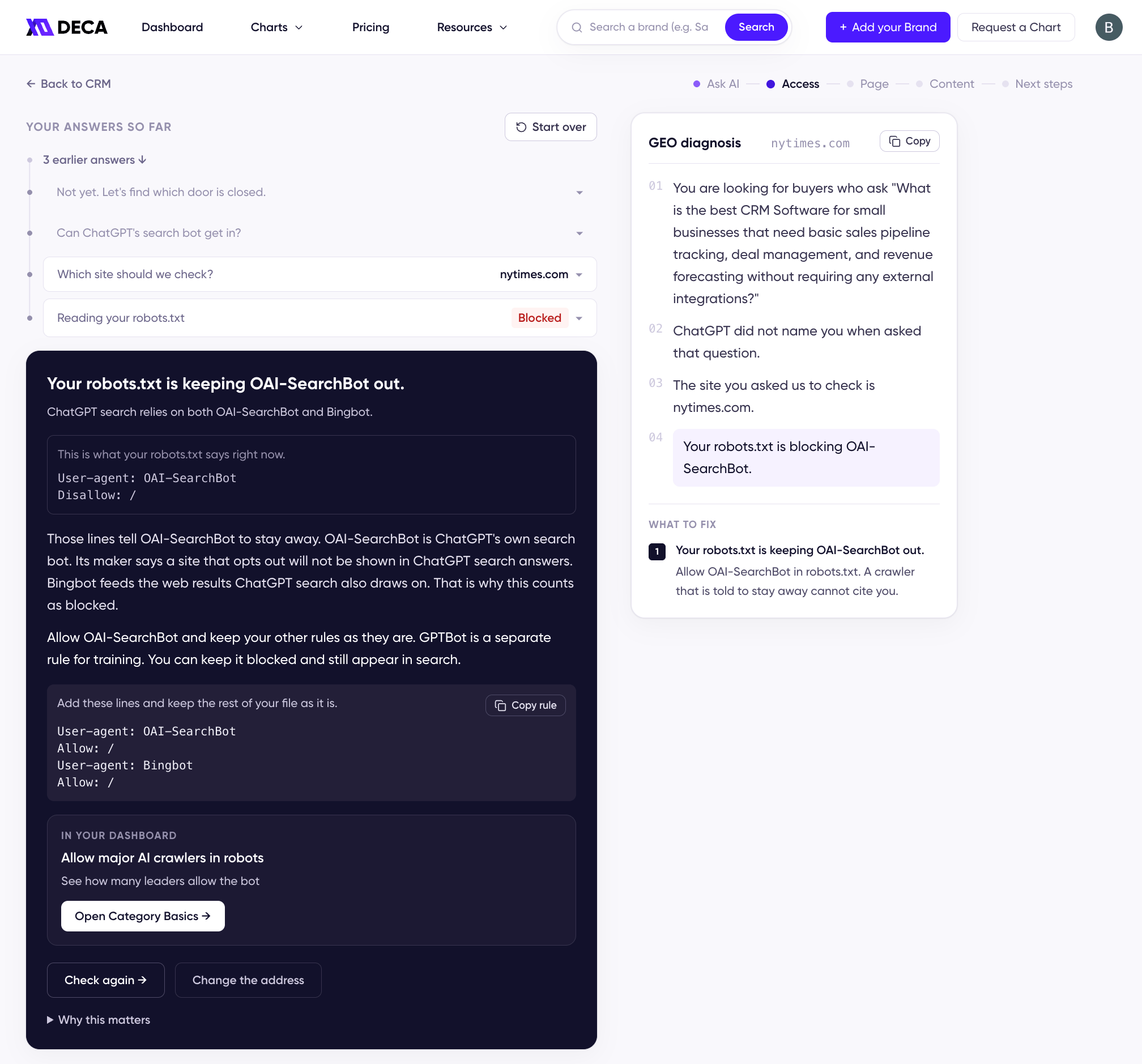 The Access step reporting that robots.txt is keeping OAI-SearchBot out, showing the current blocking lines, the lines to add, a link into Category Basics, and a Check again button, with the finding collected under What to fix in the report