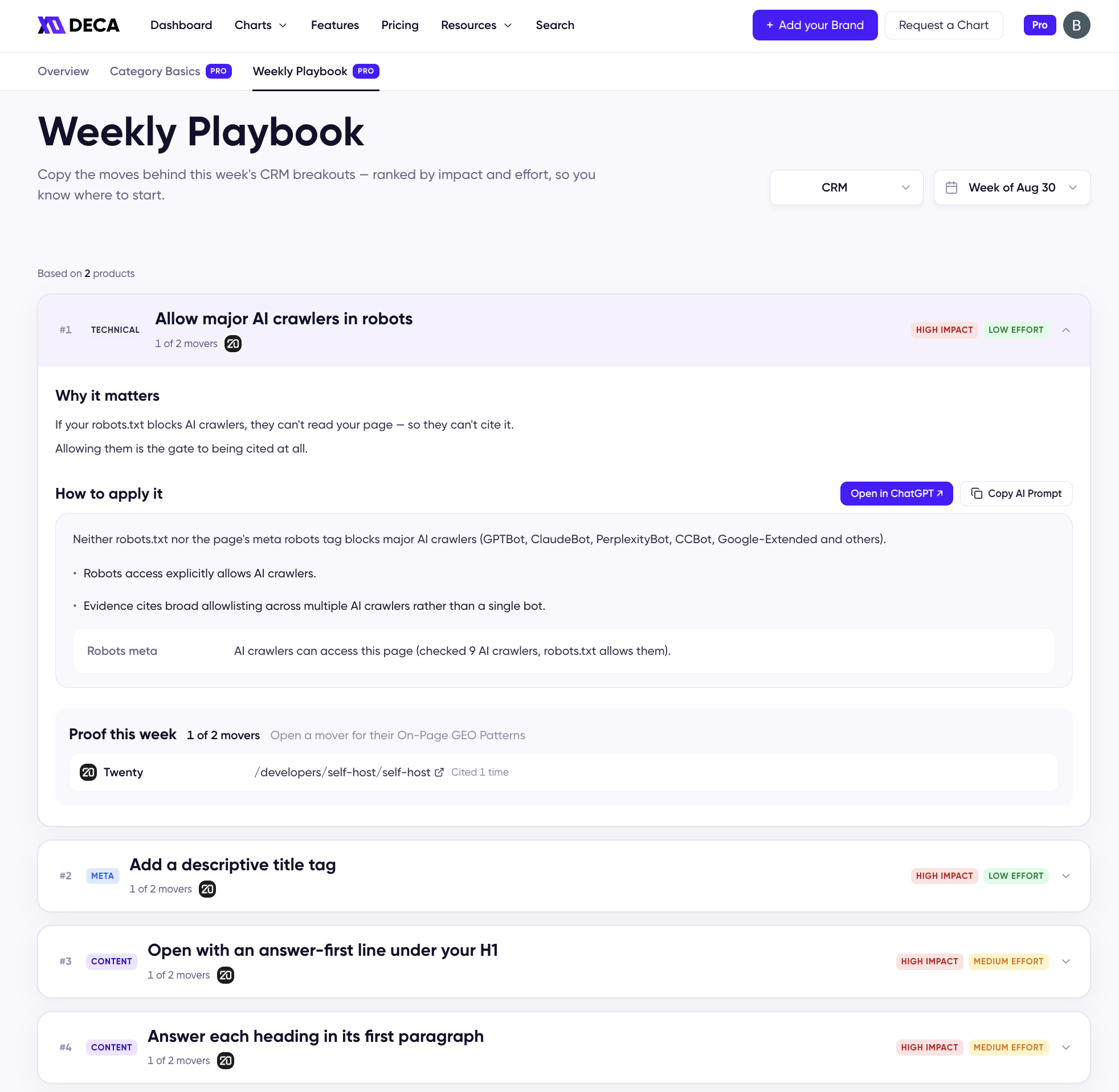 An expanded Weekly Playbook play with why it matters, how to apply it with Open in ChatGPT and Copy AI Prompt buttons, and this week's proof from a mover's cited page